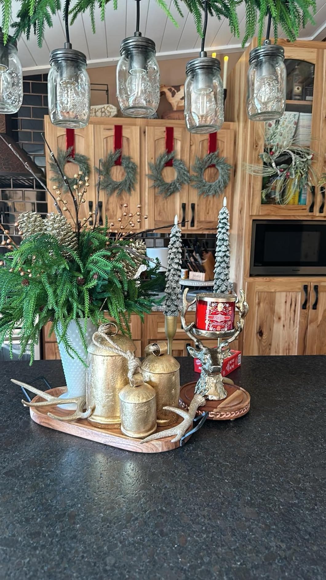 LOG BARN Farmhouse Chandeliers for Dining Room, 5 Light Mason Jar Kitchen Island Lighting, Rustic Faux Wood Island Lights for Kitchen customer photo 1