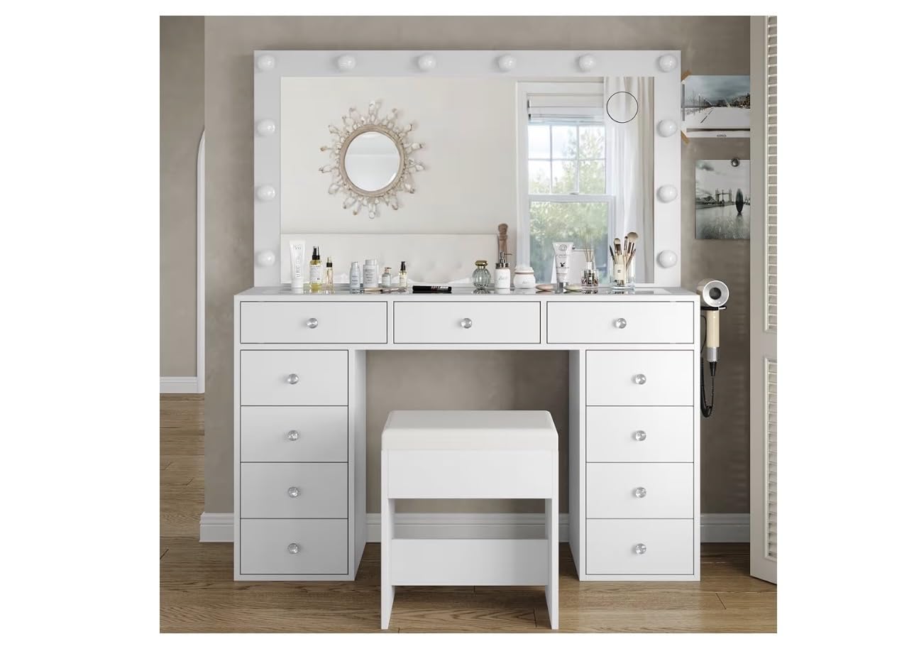 Yanosaku Vanity Desk & Power Outl, Makeup Vanity with Mirror and 12 LED Lights, Makeup Table with 11 Drawers, Vanity Table with Chair,Set 3 Lighting Modes Brightness Adjustable-(White) customer photo 2