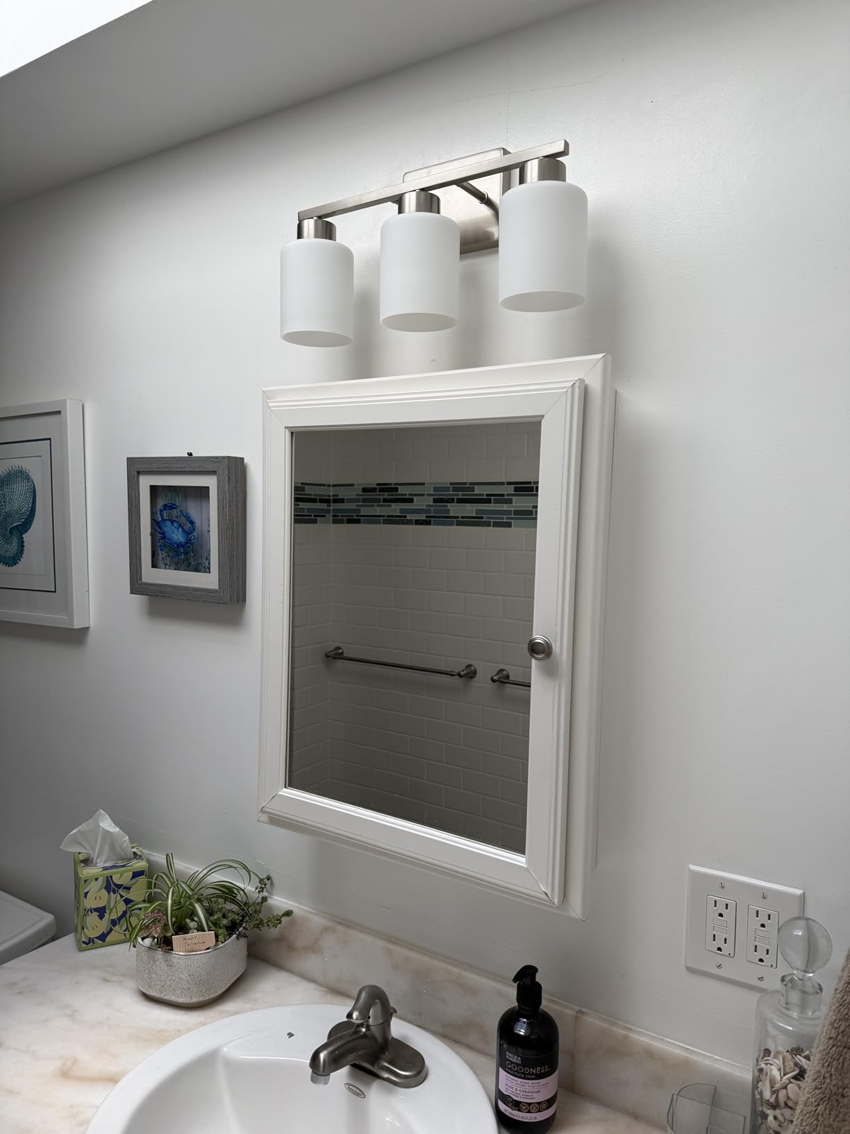 FonmYim Brushed Nickel Bathroom Light Fixtures Vanity Lights Over Mirror | Modern 3-Light lighting fixtures for bathroom with Milky White Frosted Glass Shades, E26 Socket (Bulbs Not Included) customer photo 2