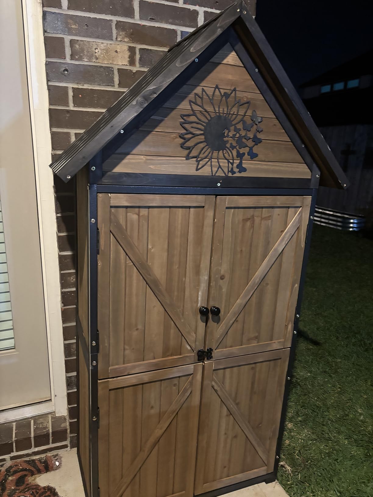 GUTINNEEN Outdoor Storage Cabinet, Upgraded with Durable Front Metal Frame Garden Shed Tool Storage Cabinet with Wooden Floor Adjustable Shelfs 2.5 x 1.4FT (Brown) customer photo 1