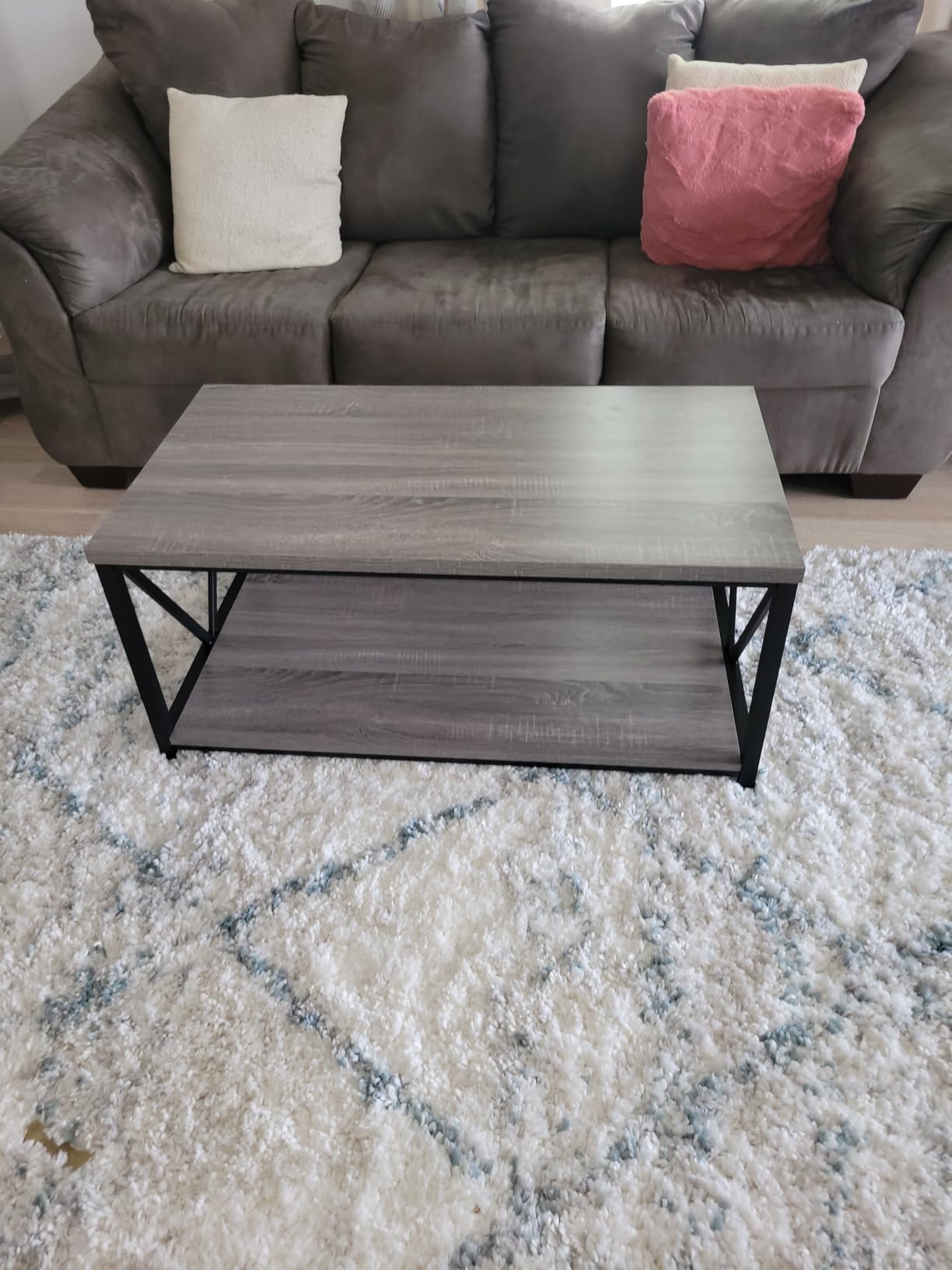 Industrial Coffee Table with Storage Shelf, Modern Rustic Wooden and Metal Rectangle Center Table for Living Room, Dark Gray, 47 Inch customer photo 2