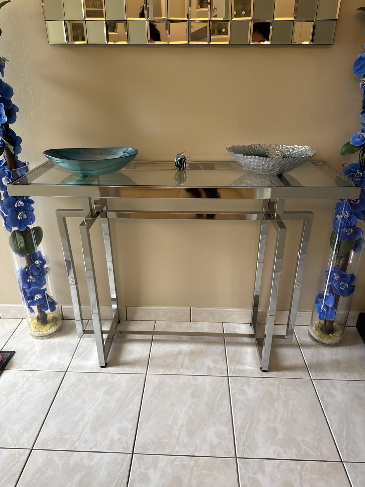 ASYA Glass Console Table for Entryway, Modern Entryway Table with Tempered Glass & Chrome Frame, Silver Sofa Table for Living Room Hallway customer photo 1
