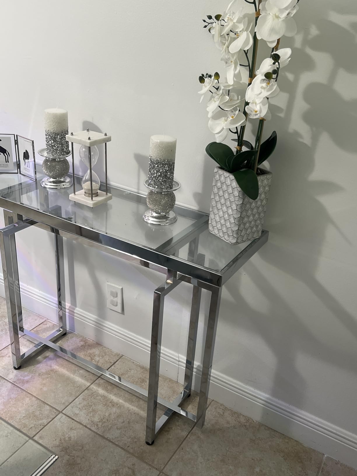 ASYA Glass Console Table for Entryway, Modern Entryway Table with Tempered Glass & Chrome Frame, Silver Sofa Table for Living Room Hallway customer photo 2