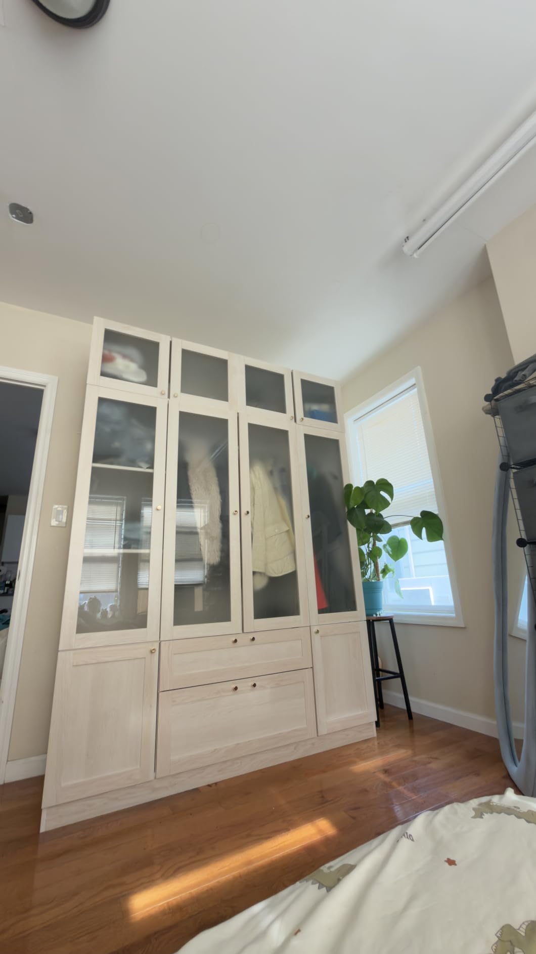 MOUMON Wide Modern Bedroom Armoires with Frosted Glass Doors and Hanging Rod, Tall Wardrobe with Drawers, Large Armoire Wardrobe Closet, Wood Grain 63