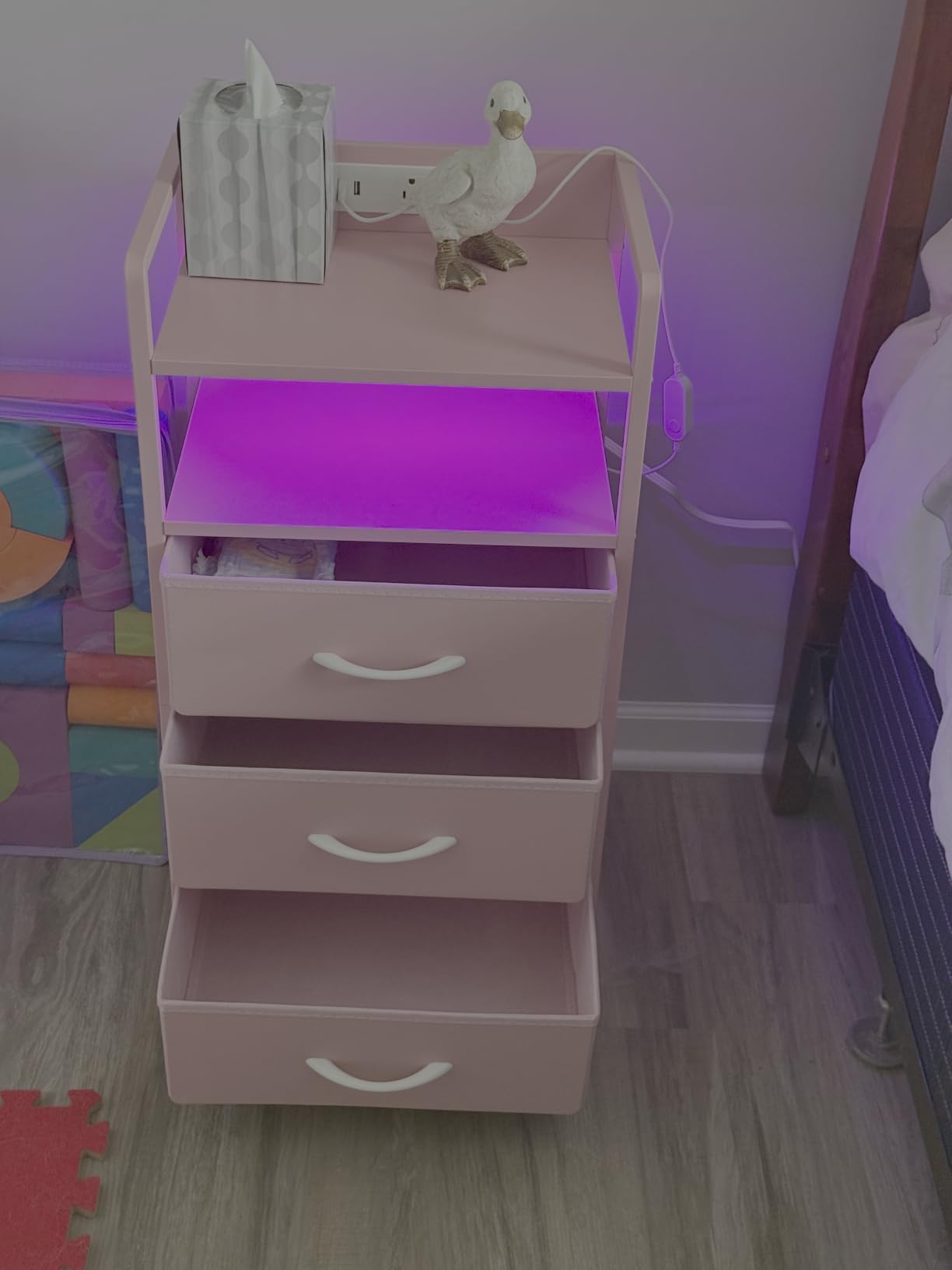 Lazzanto Nightstand with Rear Charging Station, LED Light, 2 Drawers, Industrial Nightstand, 2 USB-A Ports & AC Outlets, Raised Back Guard, Fabric Storage Drawers, Bedside Table for Bedroom, Dorm customer photo 1