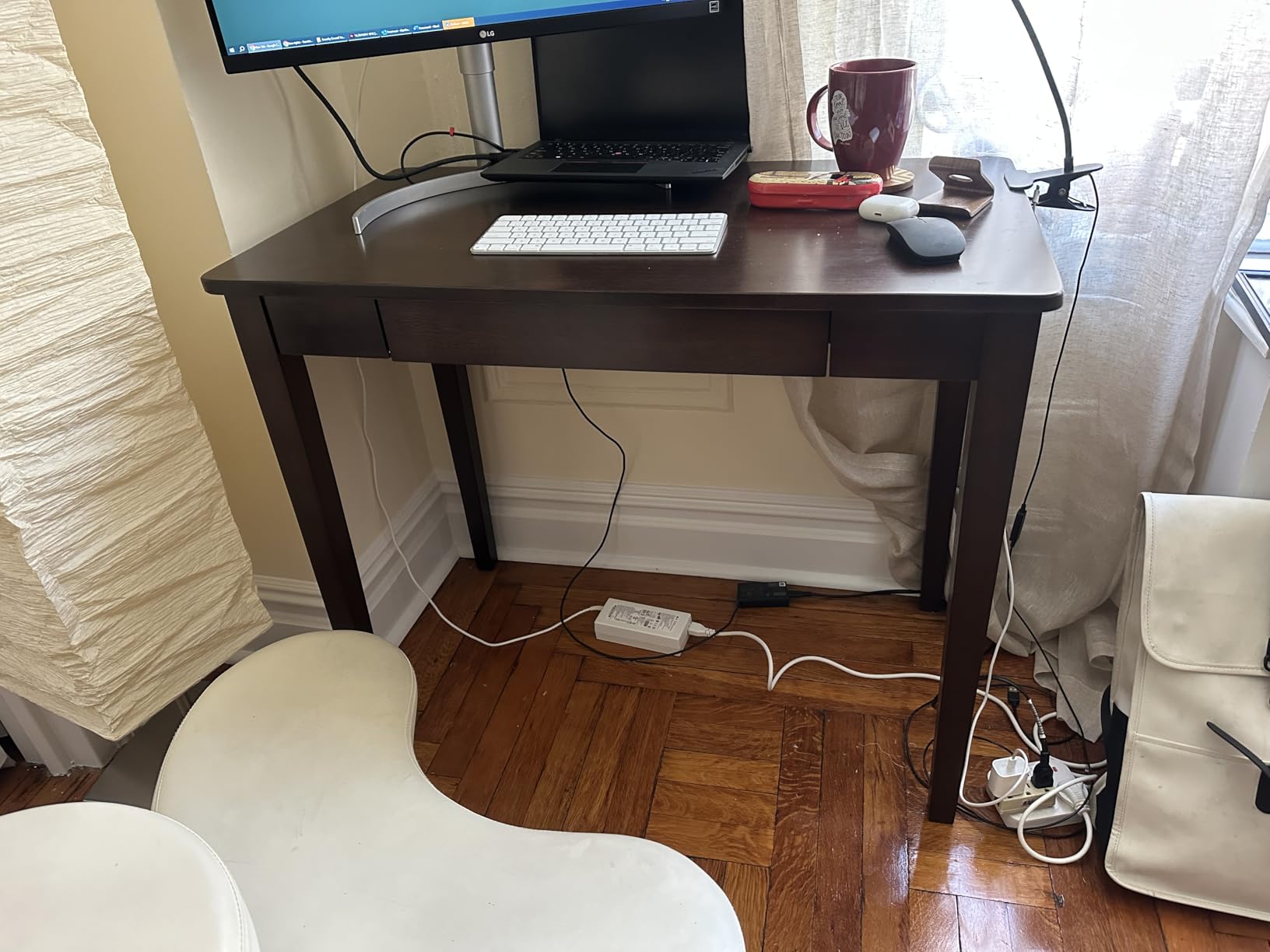 Solid Wood Computer Desk with Drawers, Mid-Century Modern Writing Desk, Walnut customer photo 2