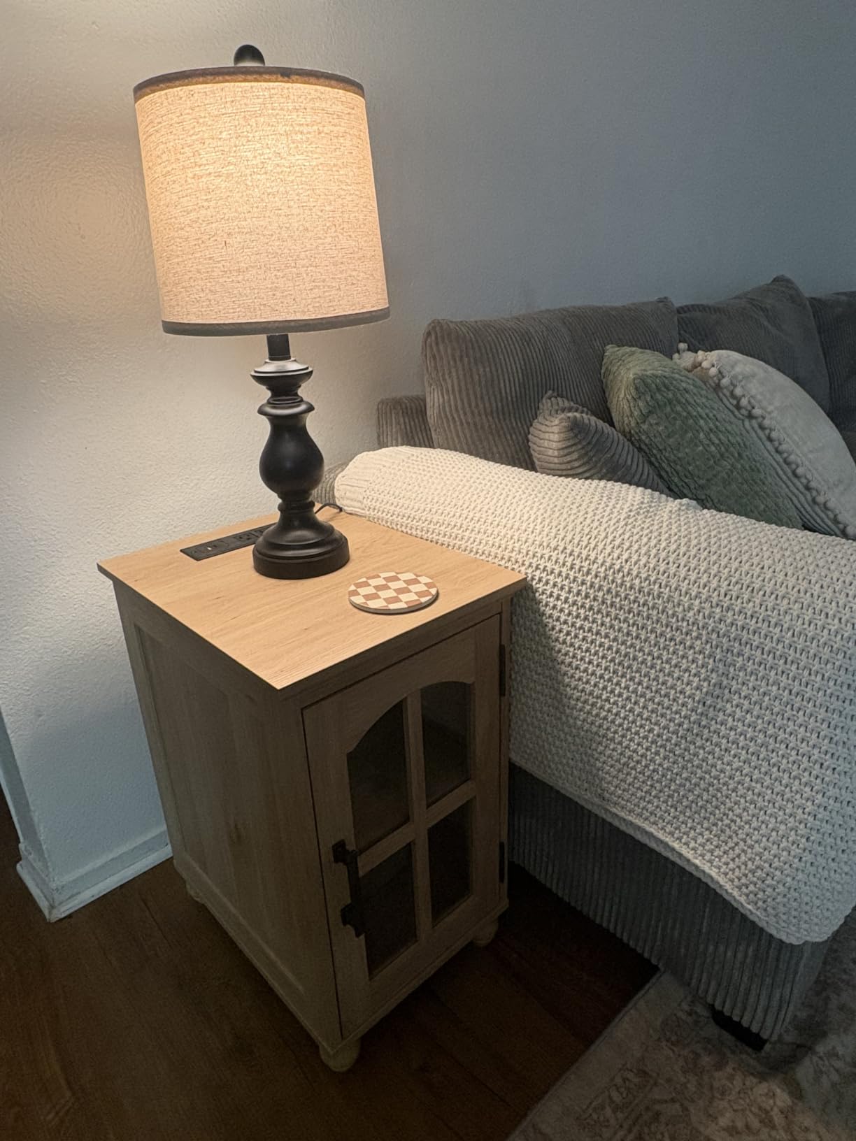 RWYHG Narrow Side Table, Farmhouse Nightstand with Charging Station | End Tables with Glass Barn Door, Cabinet Organizer with Adjustable Shelf, Night Stand for Small Spaces Living Room Bedroom customer photo 2