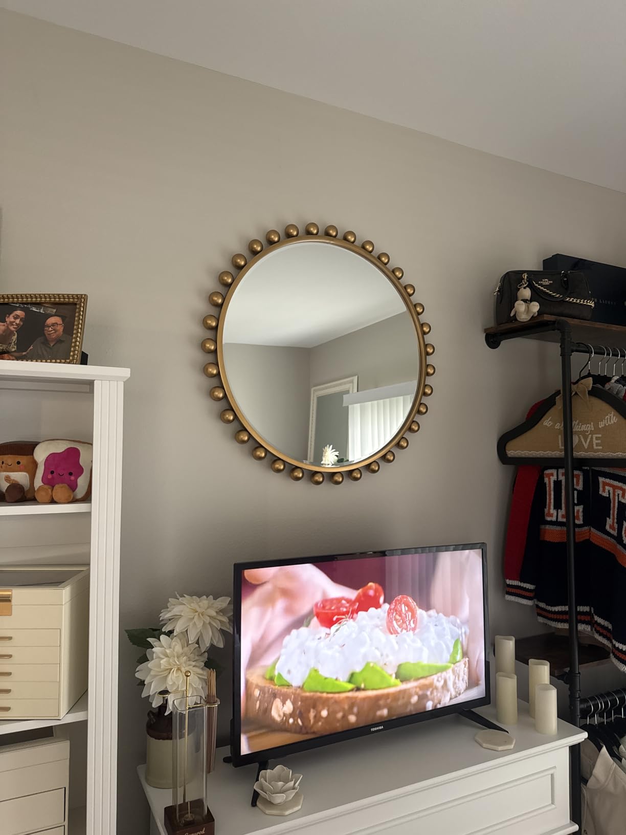 30 Inch Round Wall Mirror, Antique Gold Ball Frame, Beveled Glass | Beaded antique gold vintage wall-mounted accent mirror for bathroom vanity, living room, bedroom, entryway, or hallway décor customer photo 2