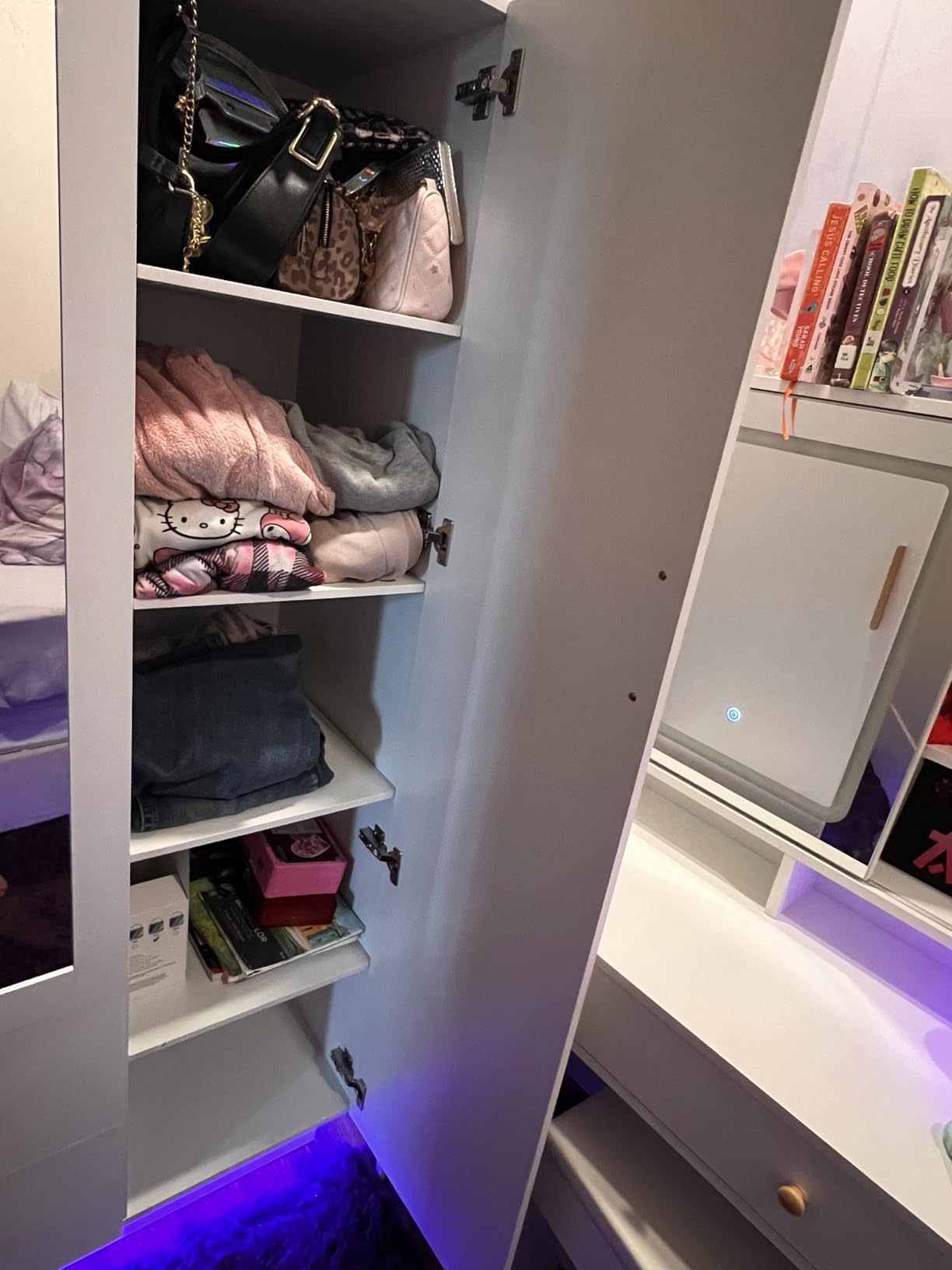 chartustriable 3 Doors Armoire Wardrobe Closet with Mirror, LED Armoire with Doors and Drawers, Wooden Wardrobe Storage Cabinet with Hanging Rod, Adjustable Shelves, Brown customer photo 2