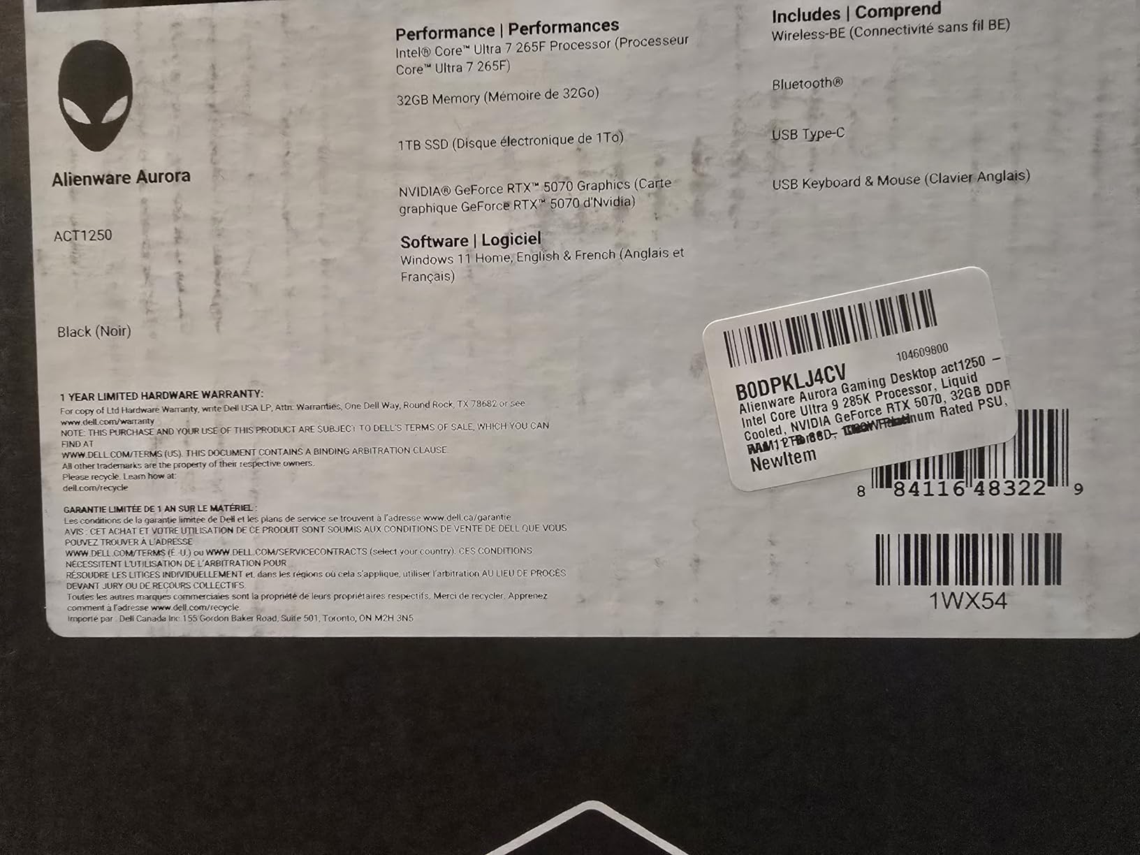 Alienware Aurora Gaming Desktop, RTX 5070, Intel Core Ultra 7 265F | 1TB SSD, 32GB DDR5, Wi-Fi 7, Bluetooth, Killer 2.5Gb Ethernet, Windows 11 Home customer photo 1
