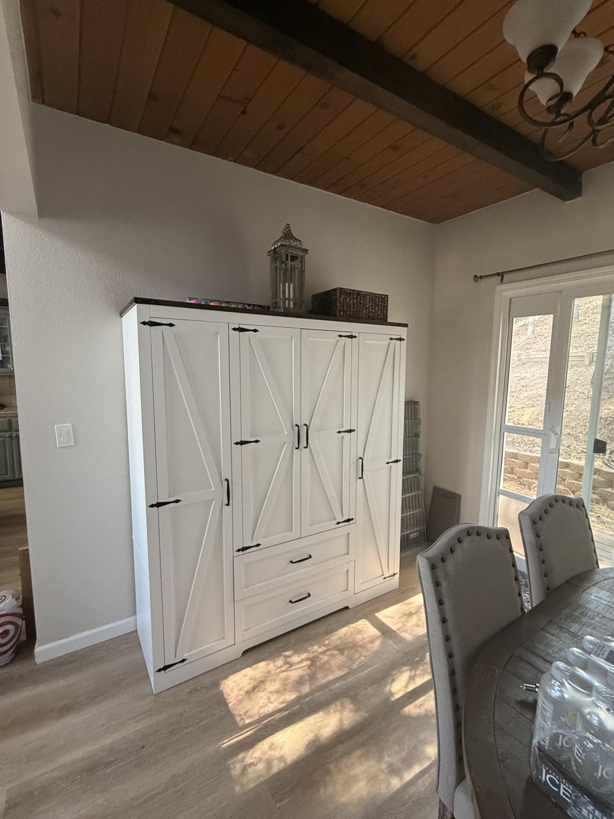 Hlivelood 3 Doors Wardrobe Armoire Closet with Doors and Drawers, Farmhouse Wooden Armoire Storage Cabinet with Shelves & Hanging Rod for Bedroom, Brown customer photo 2