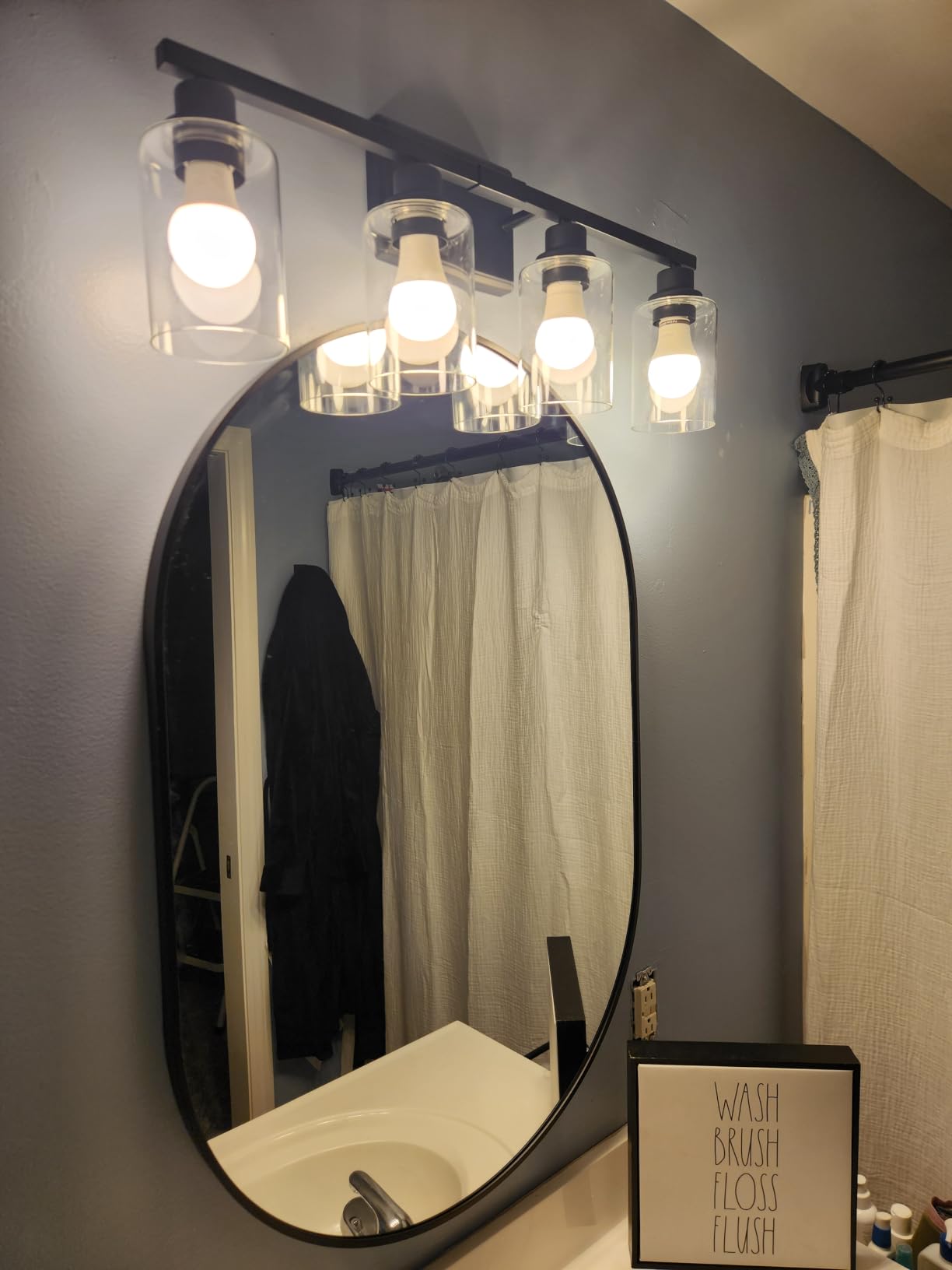 Unicozin Modern Bathroom Light Fixtures, 4 Light Vanity Lights Over Mirror, Black Wall Lamp with Clear Glass for Living Room Cabinet Bedroom Porch customer photo 2