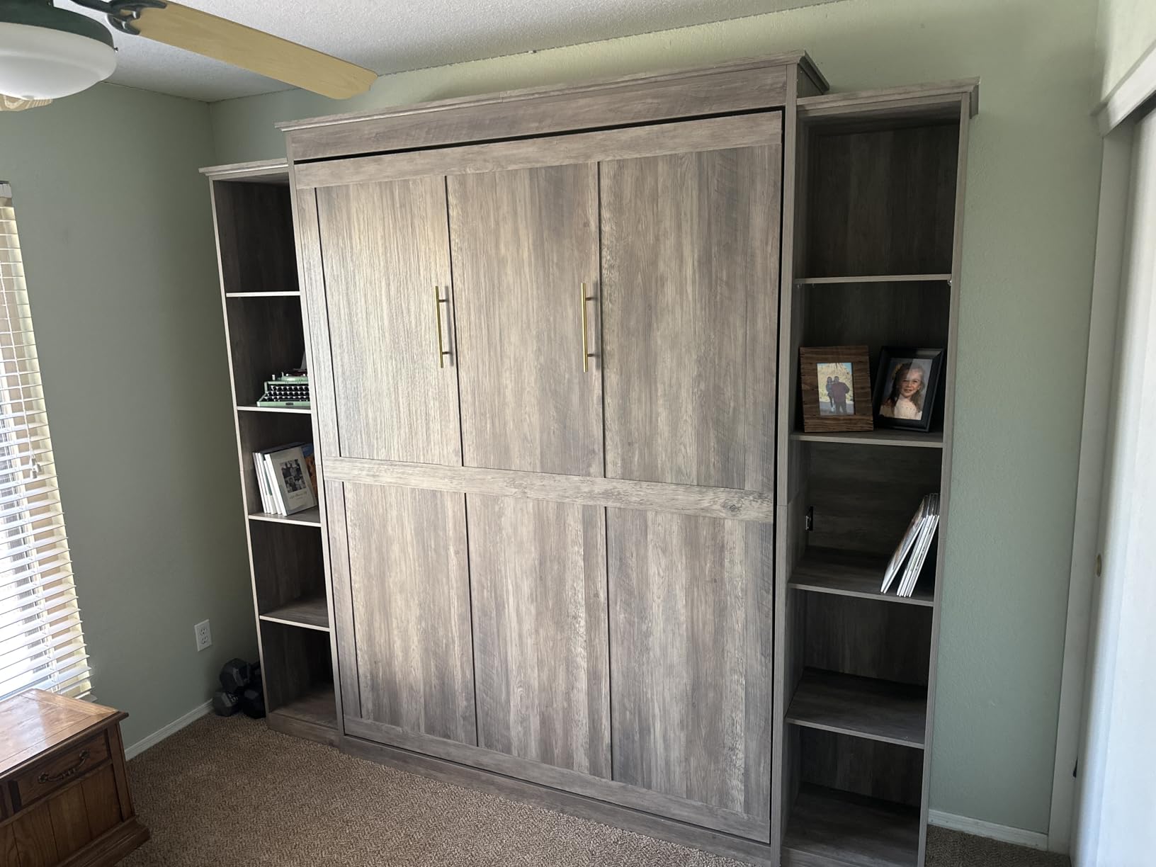 Queen Size Murphy Bed with 2 Storage Cabinet, Farmhouse Wood Hidden Foldable Wall Bed Frame, Space Saving Beds with Shelves, Grey customer photo 1