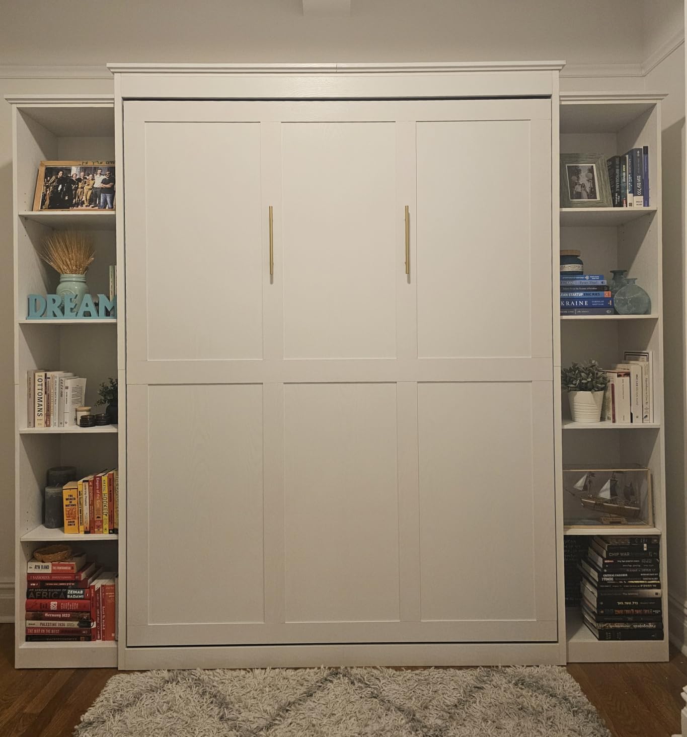 Queen Size Murphy Bed with 2 Storage Cabinet, Farmhouse Wood Hidden Foldable Wall Bed Frame, Space Saving Beds with Shelves, Grey customer photo 2