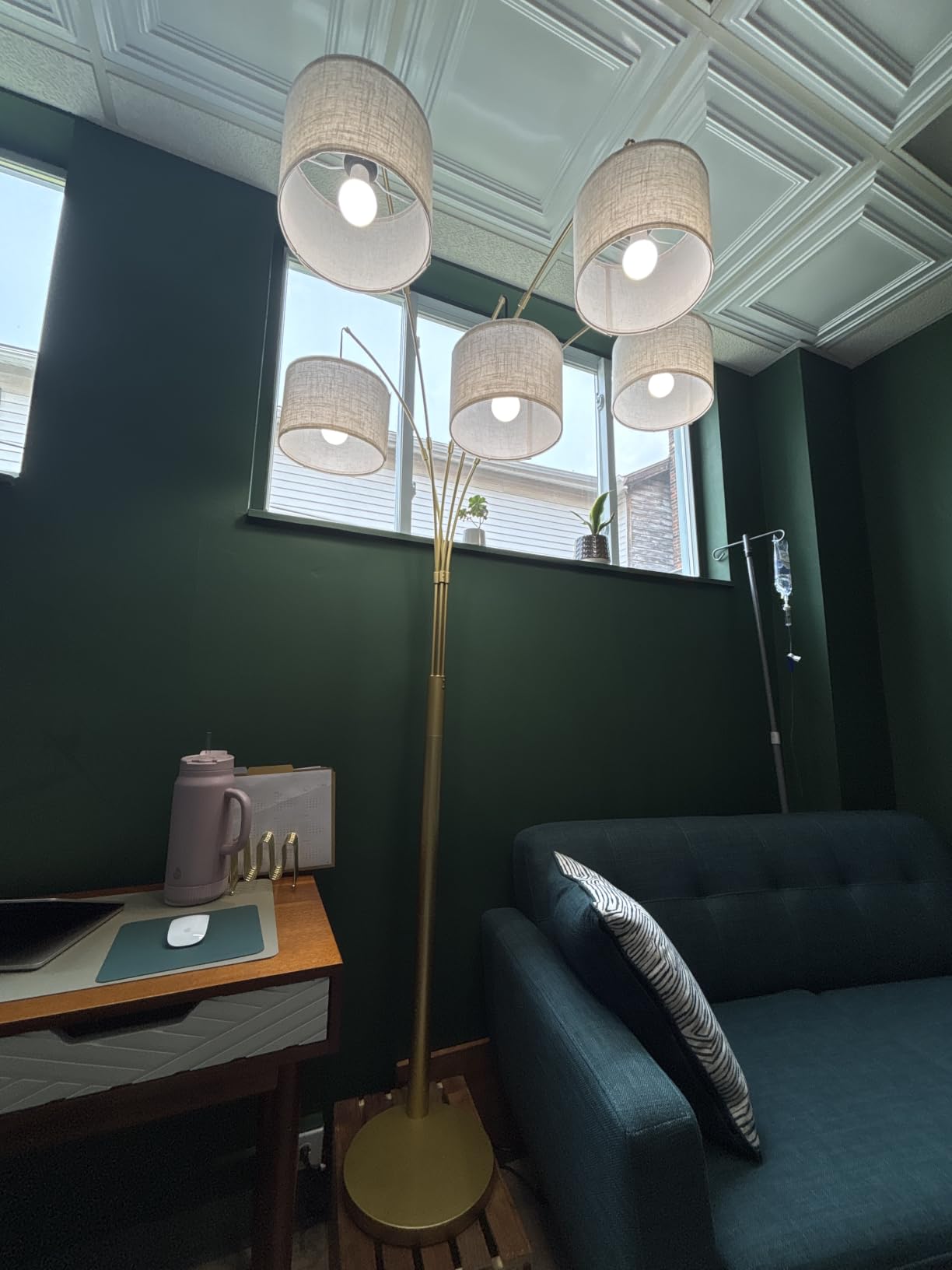 3 Light Arc Floor Lamp with Remote, Beige Shade Black Pole | 80