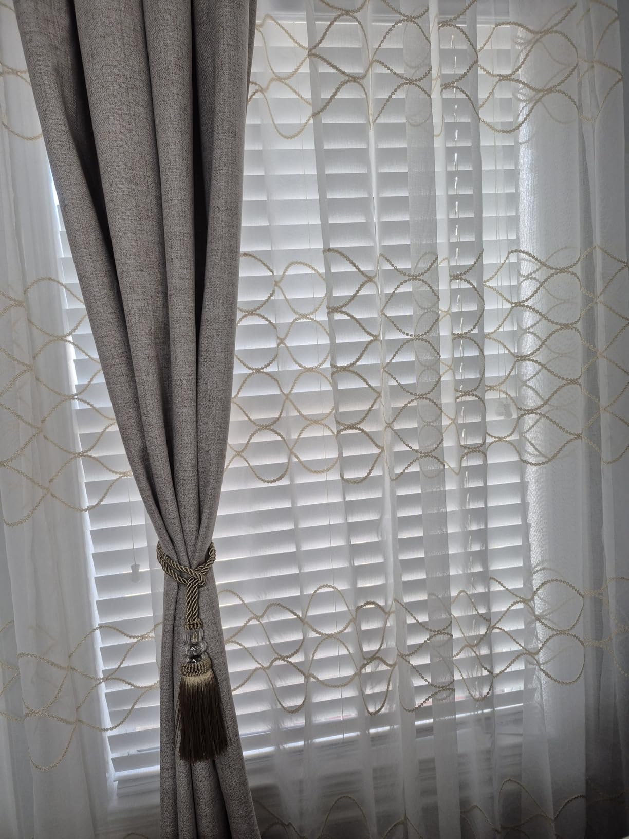 Amazon Basics 2-Piece Embroidery Sheer Curtain Set, Light Filtering Hollow Drapes for Living Room and Bedroom, 52
