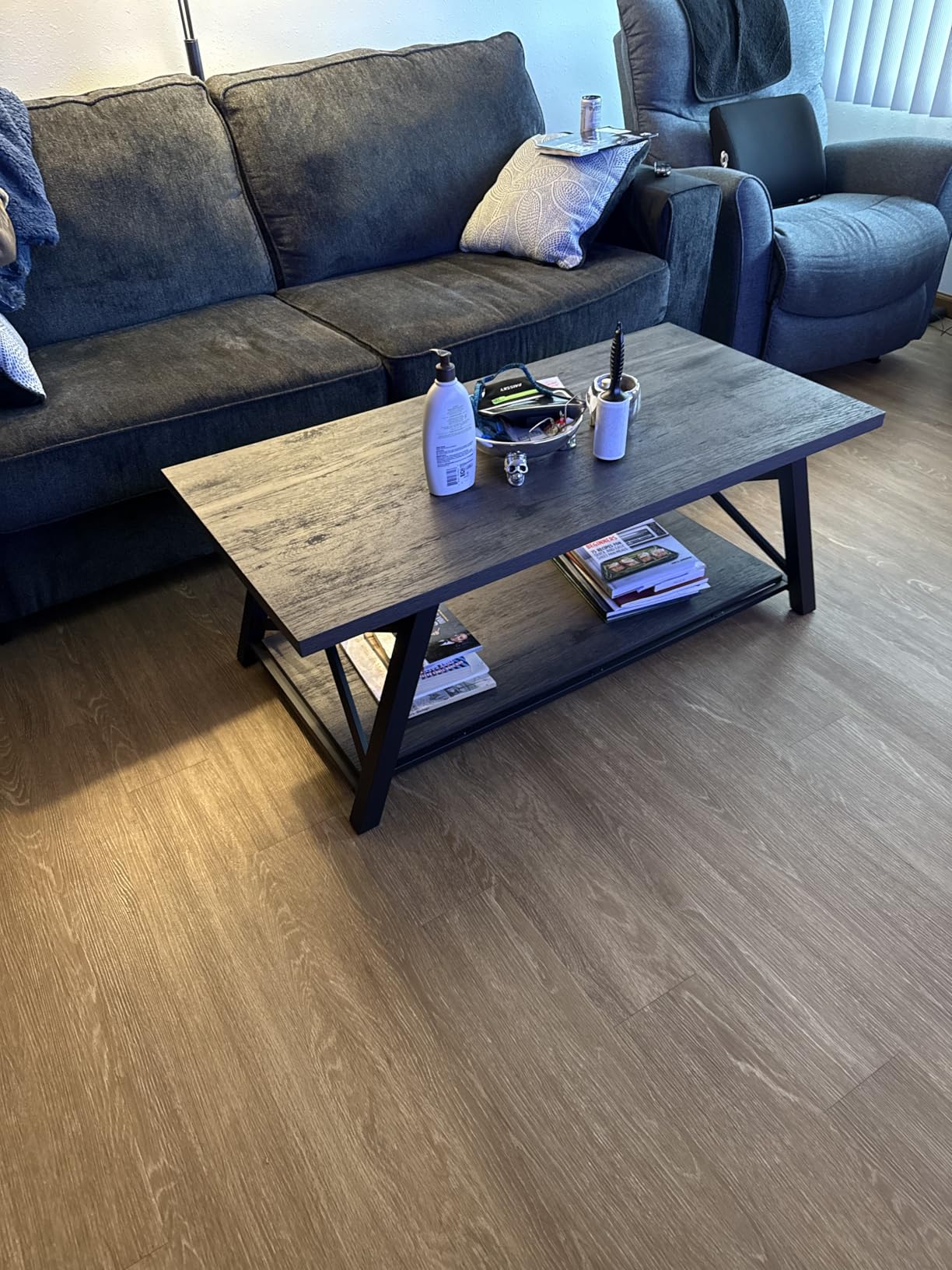 EXCEFUR Modern Coffee Table, Industrial Living Room Center Table with Storage Shelf, Rectangle Wood and Metal Cocktail Tea Table, Rustic Walnut, 47 Inch customer photo 2