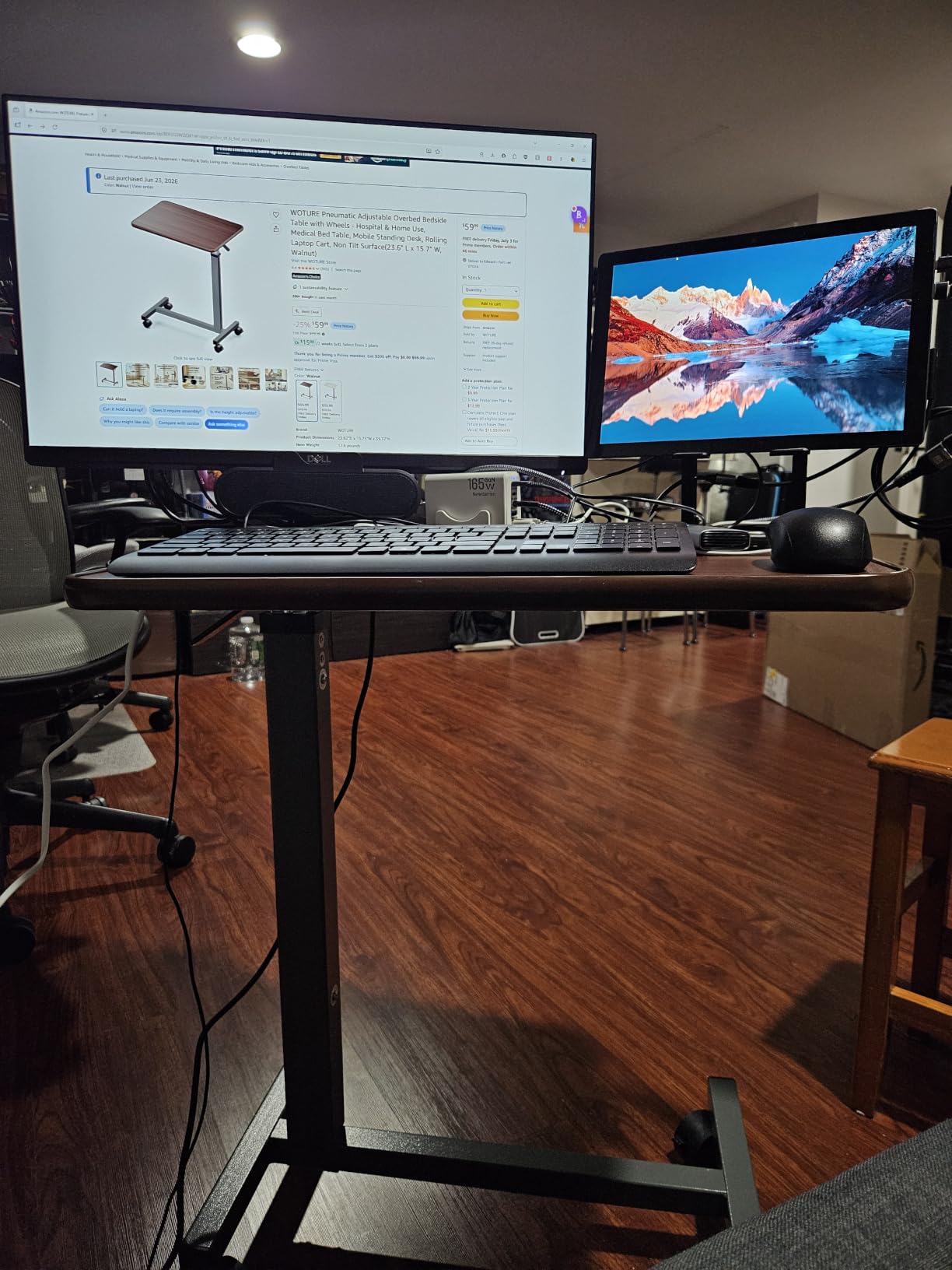 WOTURE Pneumatic Adjustable Overbed Bedside Table with Wheels - Hospital & Home Use, Medical Bed Table, Mobile Standing Desk, Rolling Laptop Cart, Non Tilt Surface (23.6