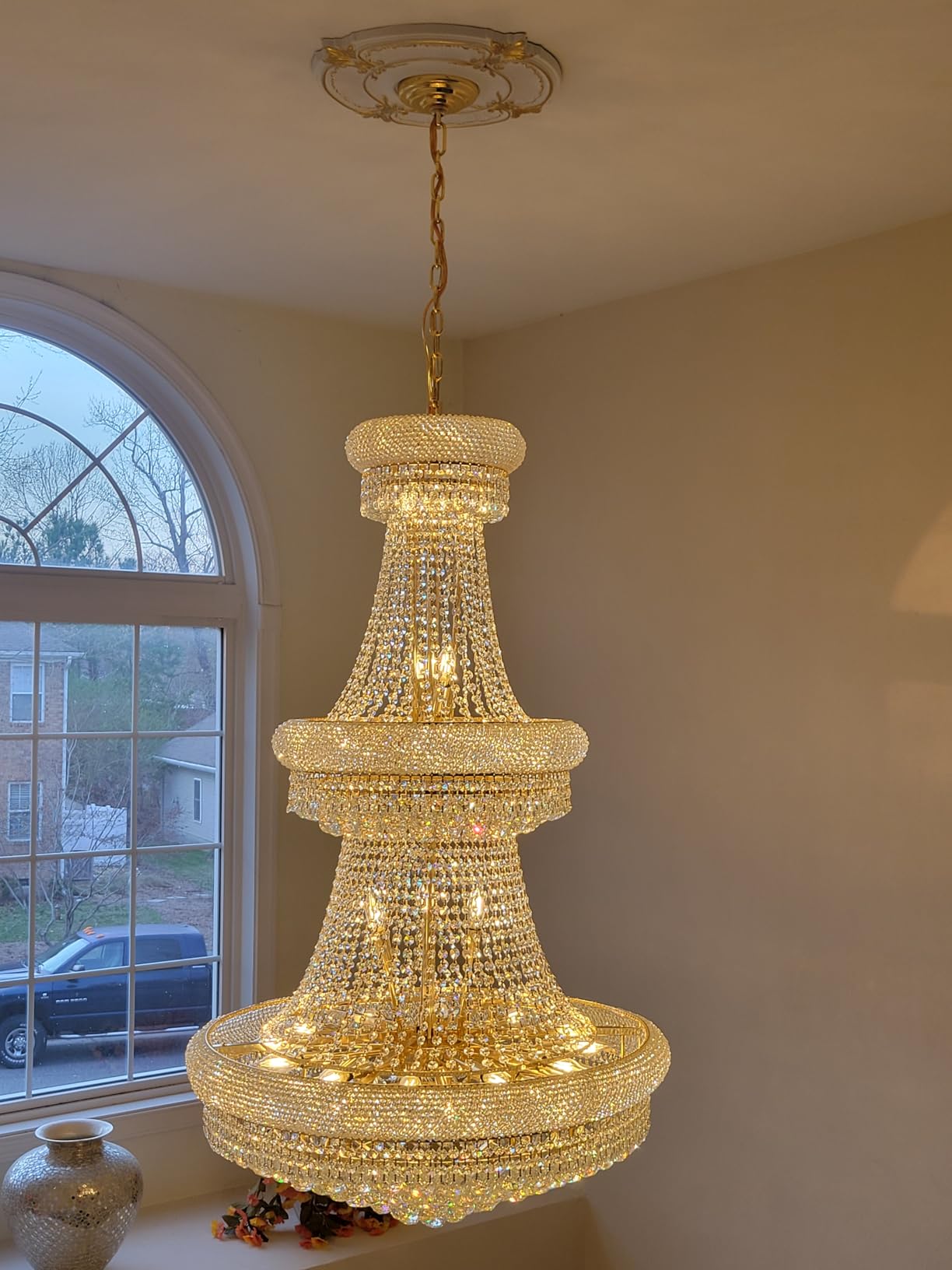 31 Lights Chrome Finish Large Empire Crystal Chandelier - Three-Tier, High Ceiling Chandelier Light fixtures for Foyer Staircase Living Room Entryway (Dia 32'') customer photo 2