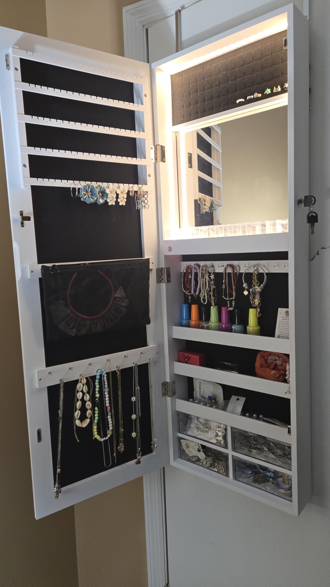 LUXFURNI Wall & Door-Mounted Storage Jewelry Armoire Cabinet with Mirror | Built-in LED Mirror, Acrylic Lipstick Tray, 4 Clear Drawers, Large Velvet-Lined Storage, Wall & Door-Mounted, Lockable customer photo 1