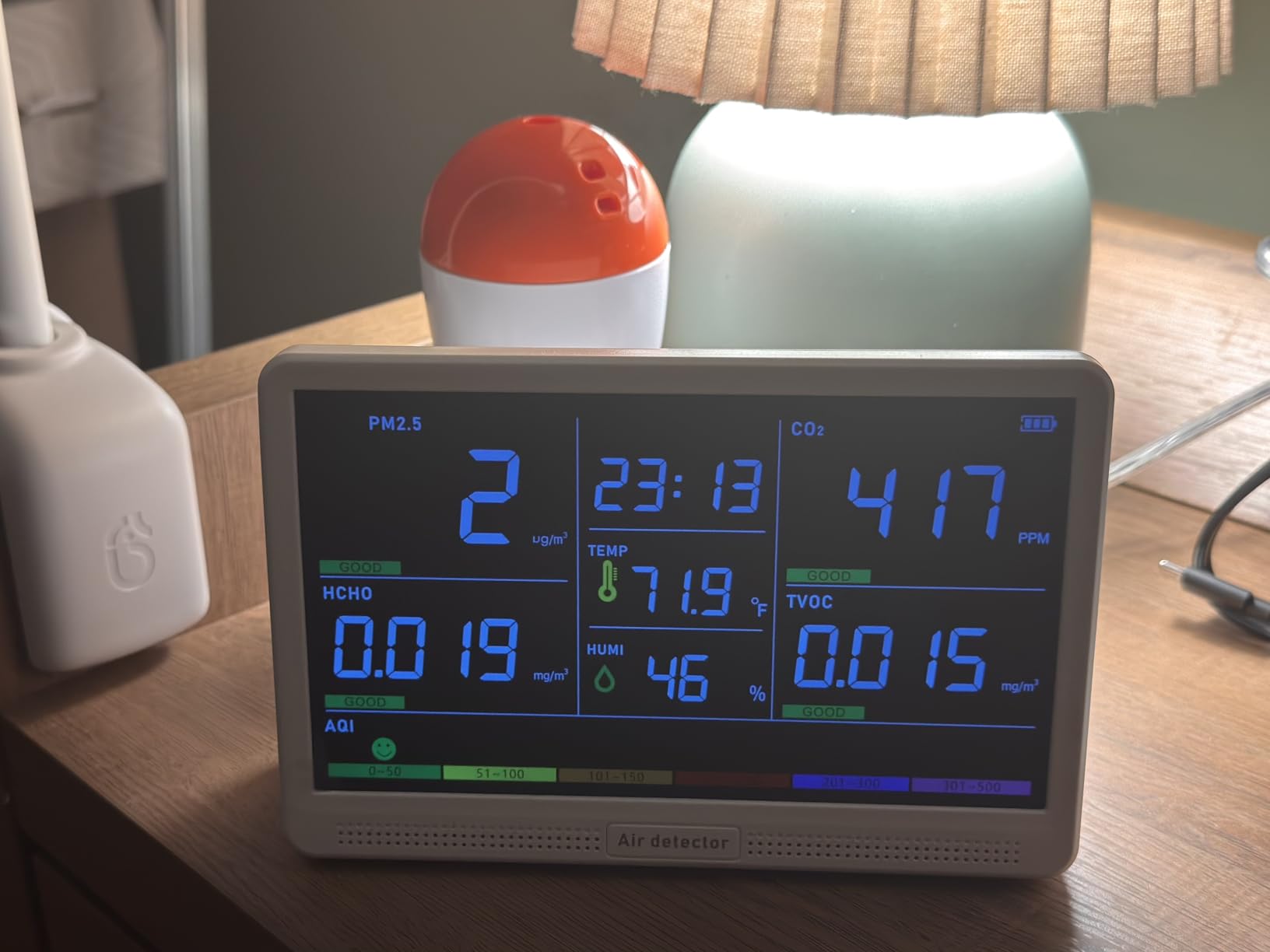 16 in 1 Air Quality Monitor Indoor 7 inch Wildfire CO2 Monitor, 9 AQI+7 Alerts | 7 inch Large Display, Air Quality Tester for CO2, TVOC, PM2.5 PM1.0 PM10, HCHO Temperature Humidity AQI and Time Air Meter for Home customer photo 1