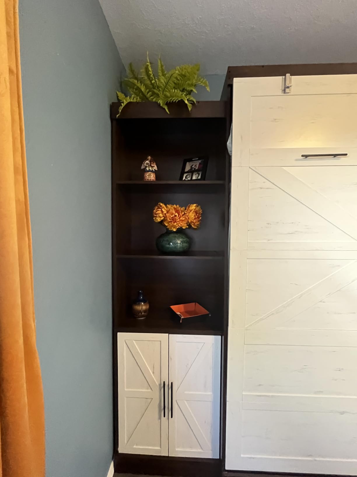 Hlivelood Queen Size Murphy Bed with 2 LED Lights, Farmhouse Wood Hidden Foldable Wall Bed Frame w/Gas Struts, Storage Bed Cabinet, Brown customer photo 2
