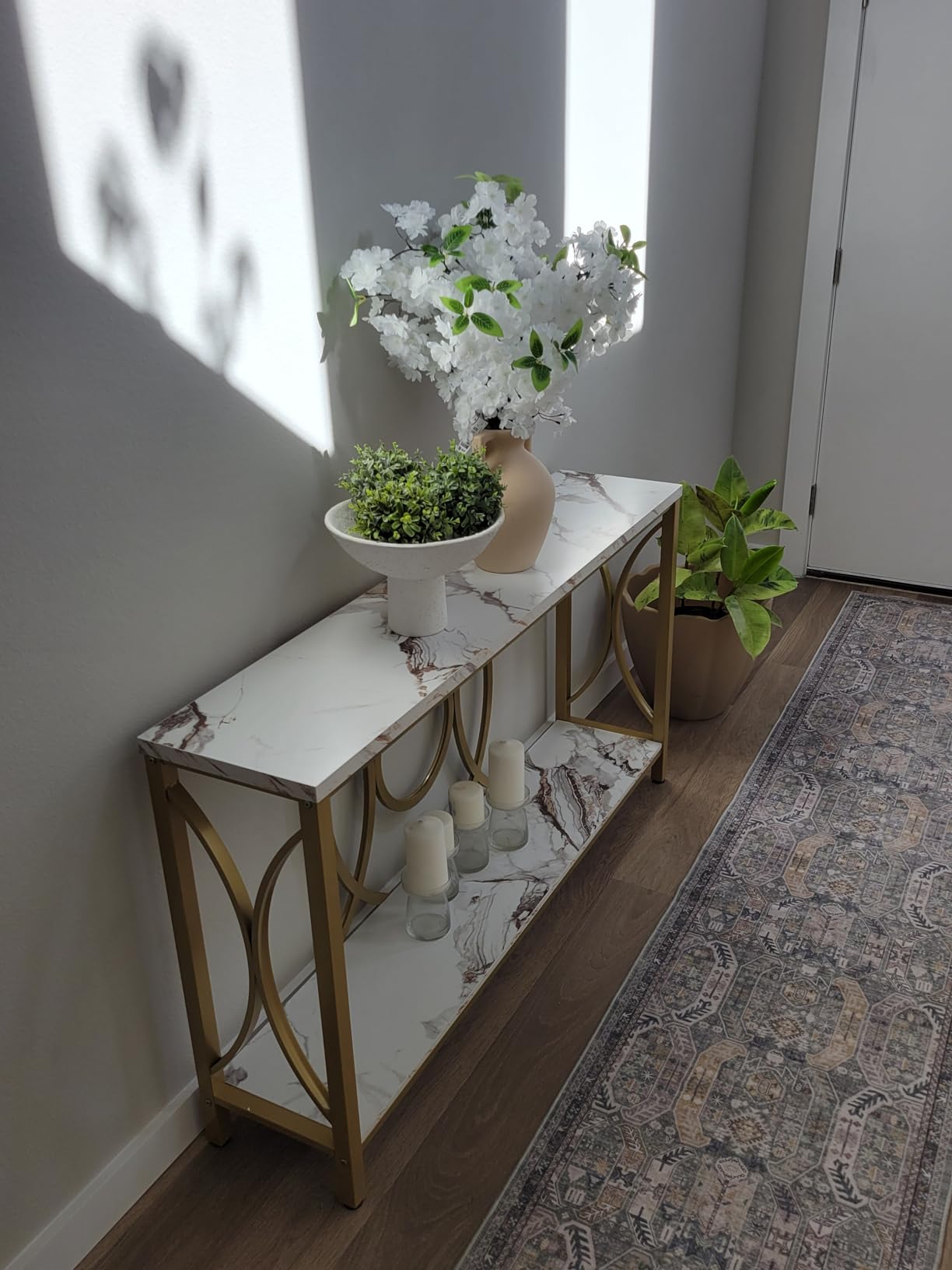 HOMISSUE Sofa Console Table, Modern Gold Console Table with Faux Marbled Tabletop, Engineered Wood Entryway Tables with 2 Tier Storage, Narrow Sofa Table for Living Room, Hallway (55 Inch, White&Gold) customer photo 1