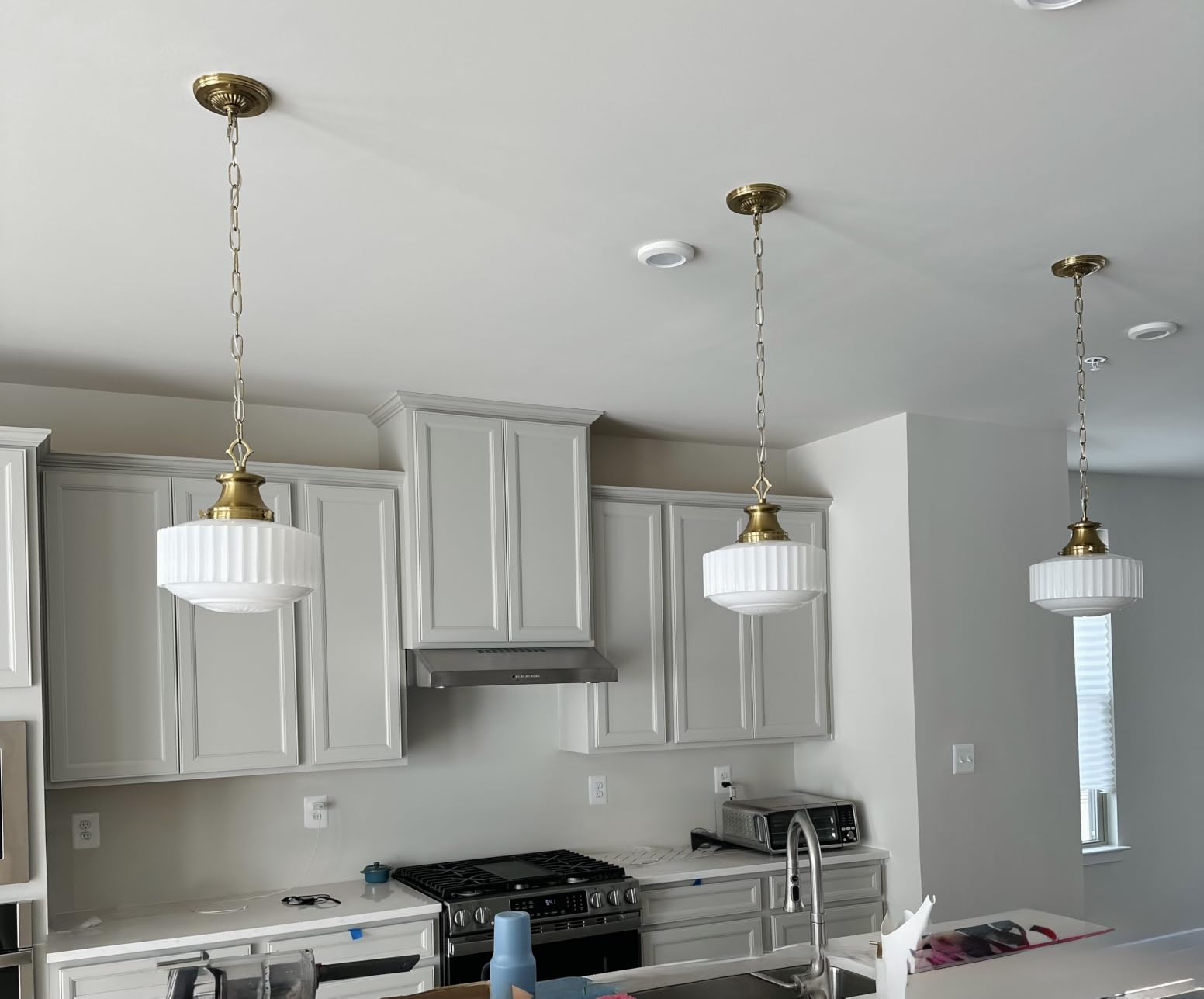 Vintage Brass Milk Glass Pendant Light Fixture, 13.8