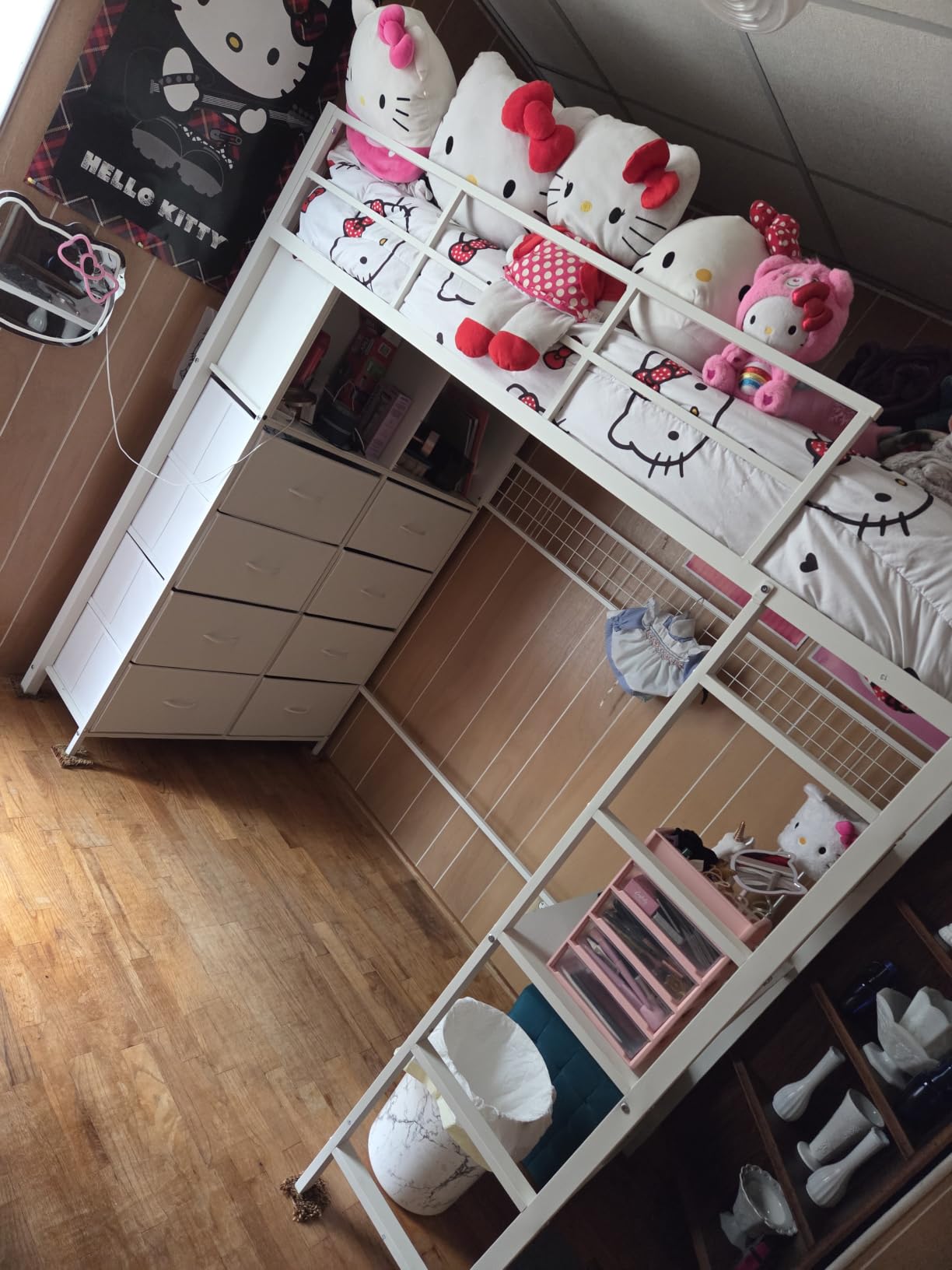 ADORNEVE Loft Bed Full Size with Desk and 8 Storage Drawers, LED Metal Loft Bed with Power Outlet, 2 Shelves & Clothing Rack, Bed with Safety Guardrail & Ladder, Space-Saving, White customer photo 2