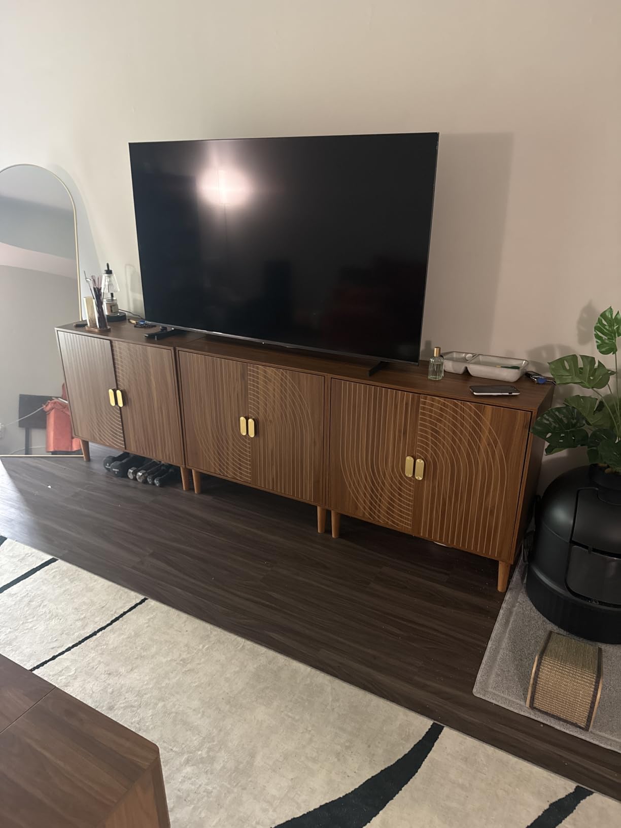 Smuxee Oak Sideboard Cabinet, Freestanding Buffet Cabinet with Line Groove Design, Wood Storage Cabinet with Adjustable Shelf for Living Room, Entryway, Hallway customer photo 1