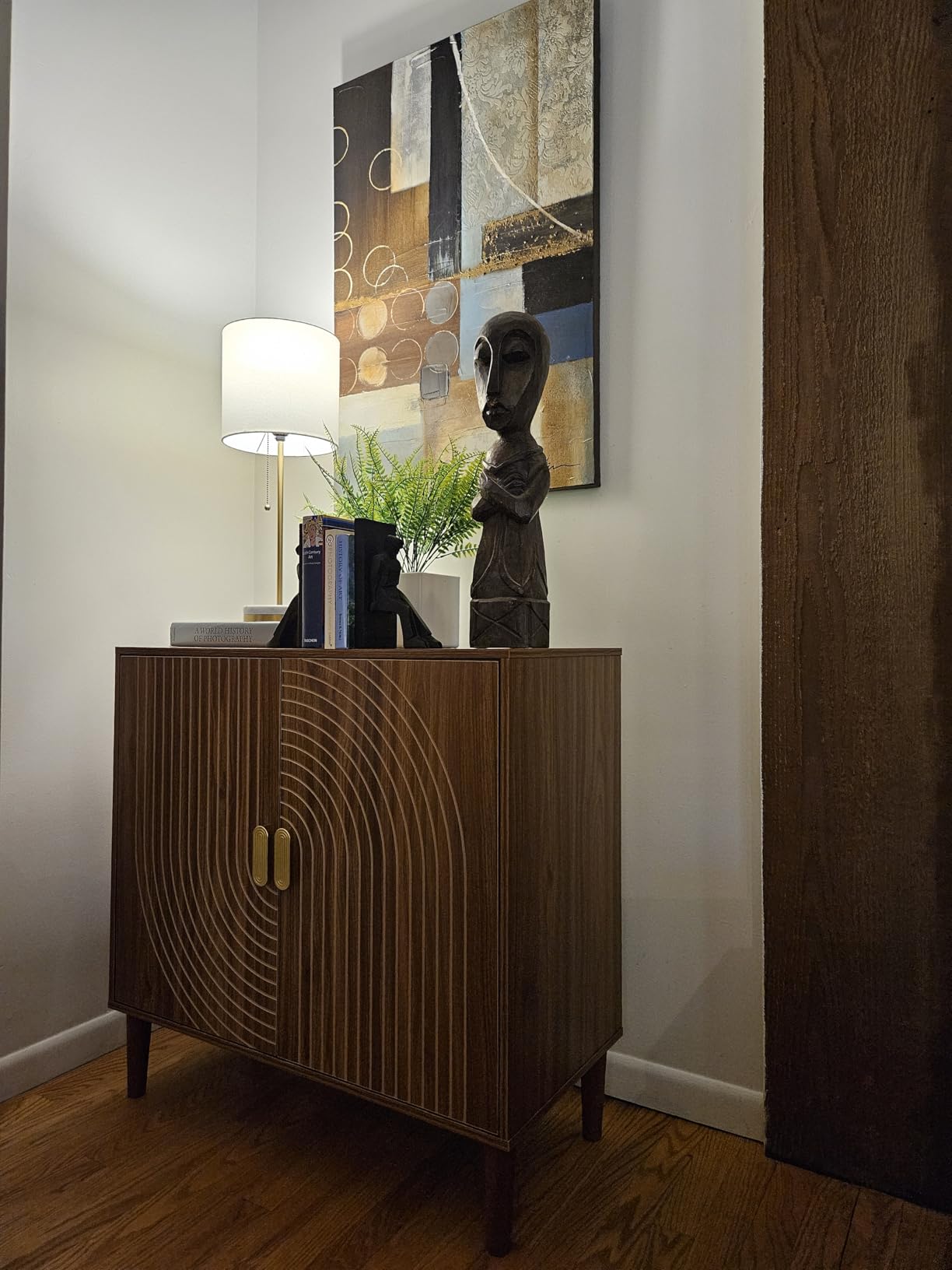 Smuxee Oak Sideboard Cabinet, Freestanding Buffet Cabinet with Line Groove Design, Wood Storage Cabinet with Adjustable Shelf for Living Room, Entryway, Hallway customer photo 2
