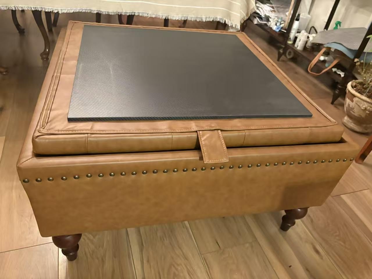 Square Ottoman Coffee Table, Large Leather Ottoman with Storage | Oversized Footstool, Anti-Slip Embedded Lid, Brass Nailhead Trim, Tufted Upholstered Ottomans for Living Room Bedroom, Brown customer photo 2