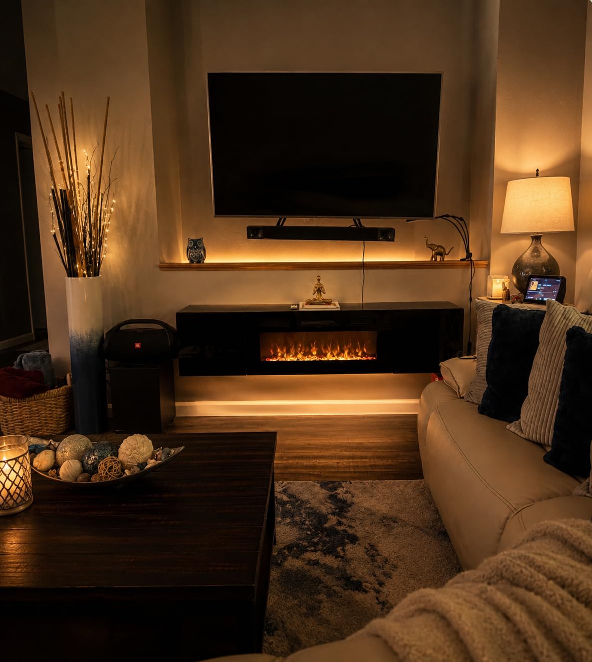 70 inch Floating TV Stand with 36 inch Electric Fireplace, Wall Mounted Entertainment Center with Storage for TVs up to 80 inch, Adjustable 12-Color LED Media TV Console for Living Room, All Black customer photo 1