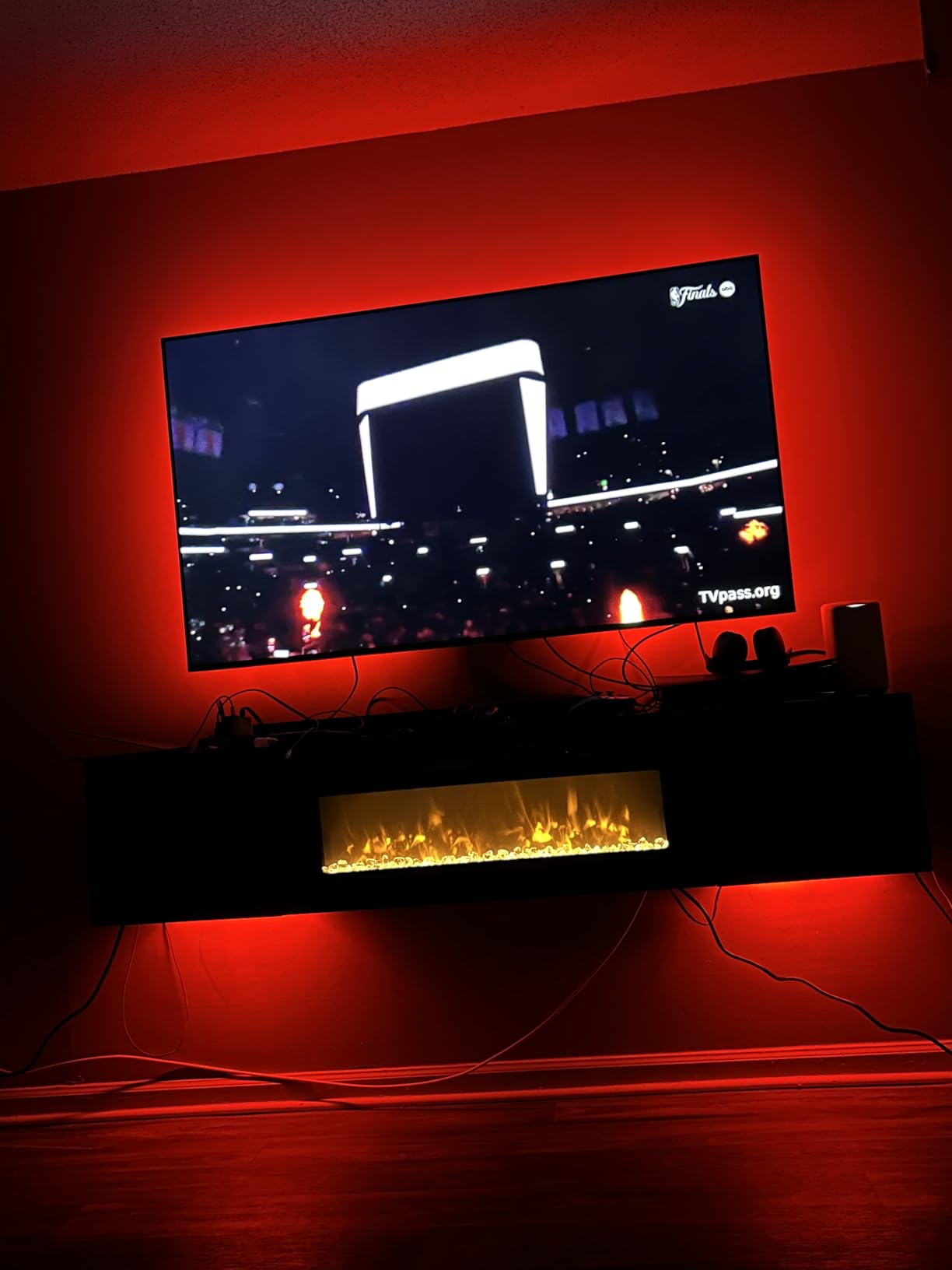 70 inch Floating TV Stand with 36 inch Electric Fireplace, Wall Mounted Entertainment Center with Storage for TVs up to 80 inch, Adjustable 12-Color LED Media TV Console for Living Room, All Black customer photo 2