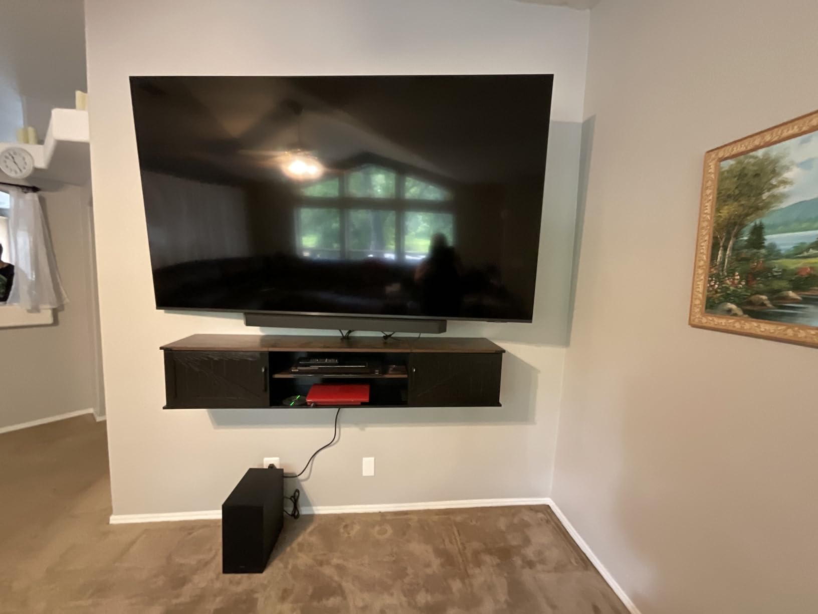70 inch Farmhouse Floating TV Stand with Filp Doors for TVs up to 90 inch, Black 2-Tier Floating Entertainment Center, Floating tv shelf Max capacity 100lbs, Wall Mounted TV Console for Living Room, Bedroom customer photo 1