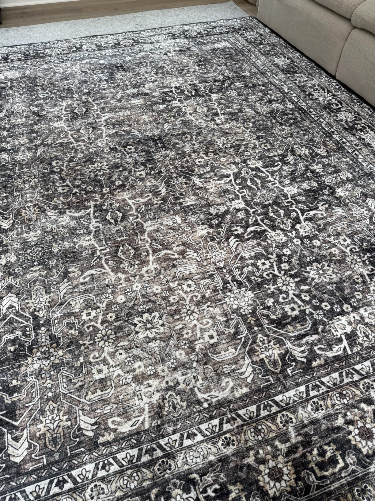 10x14 Area Rugs for Living Room - Washable Vintage Retro Large Rug, Soft Ultra Thin Non Slip Low Pile Traditional Distressed Boho Carpet for Bedroom Dining Room Home Office, Charcoal Olive customer photo 1