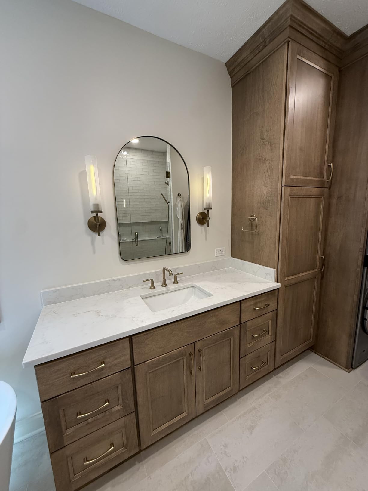 Brass Hardwired Frosted Glass Bathroom Wall Sconces 2 Pack, Modern 20'' Indoor Knurled Wall Sconce, Glass Vanity Light, for Living, Bedroom, Hallway, Staircases, Bulb Included customer photo 2