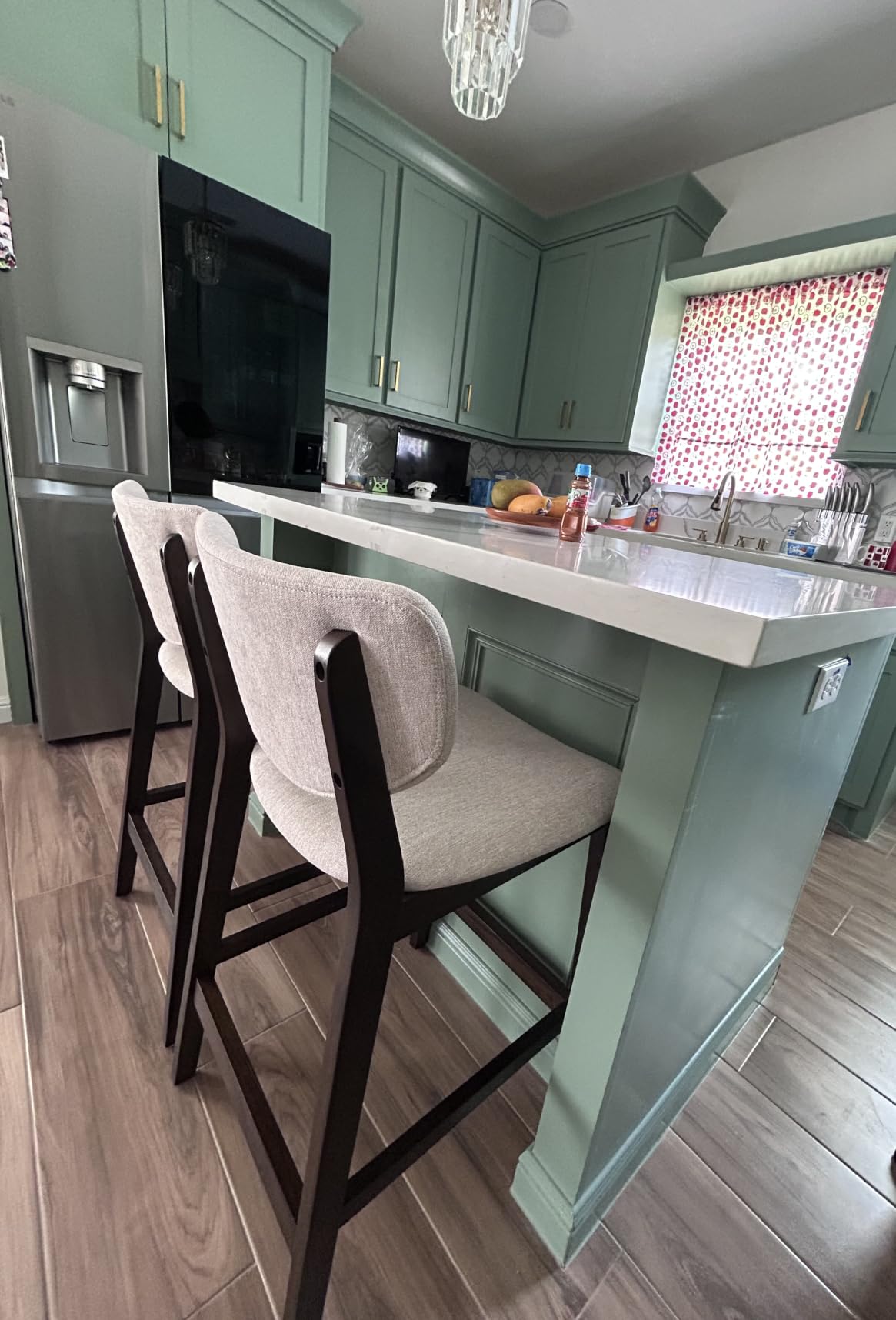 PrimeZone 30 Inch Upholstered Bar Height Stools Set of 2, Walnut and Beige, Barstools with Back and Rubber Wood Legs, Mid-Century Modern Counter Stool Chair for Kitchen Island customer photo 1