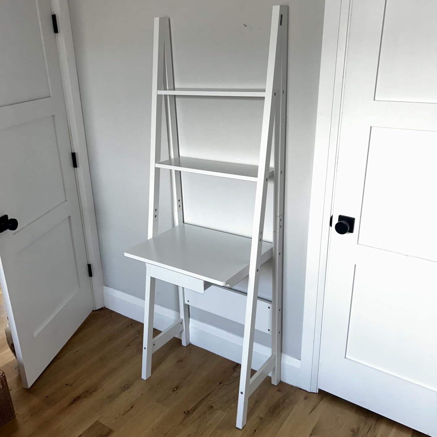 Haotian Ladder Desk with Power Outlet, Narrow Bookshelf Desk with Drawer and Shelves, Compact Secretary Desk for Small Spaces, Bedroom, Home, Office (White FWT112-W) customer photo 1