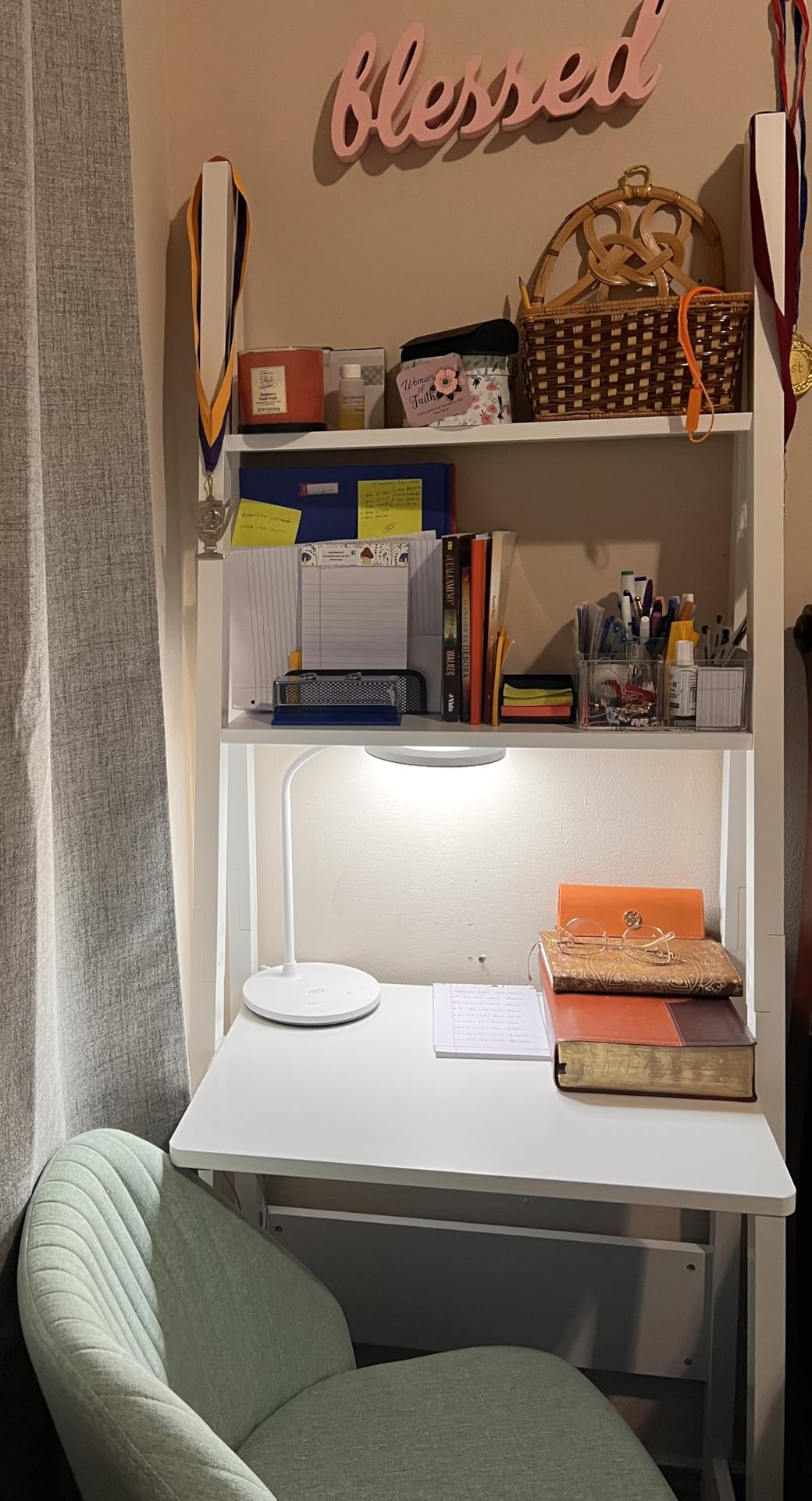 Haotian Ladder Desk with Power Outlet, Narrow Bookshelf Desk with Drawer and Shelves, Compact Secretary Desk for Small Spaces, Bedroom, Home, Office (White FWT112-W) customer photo 2