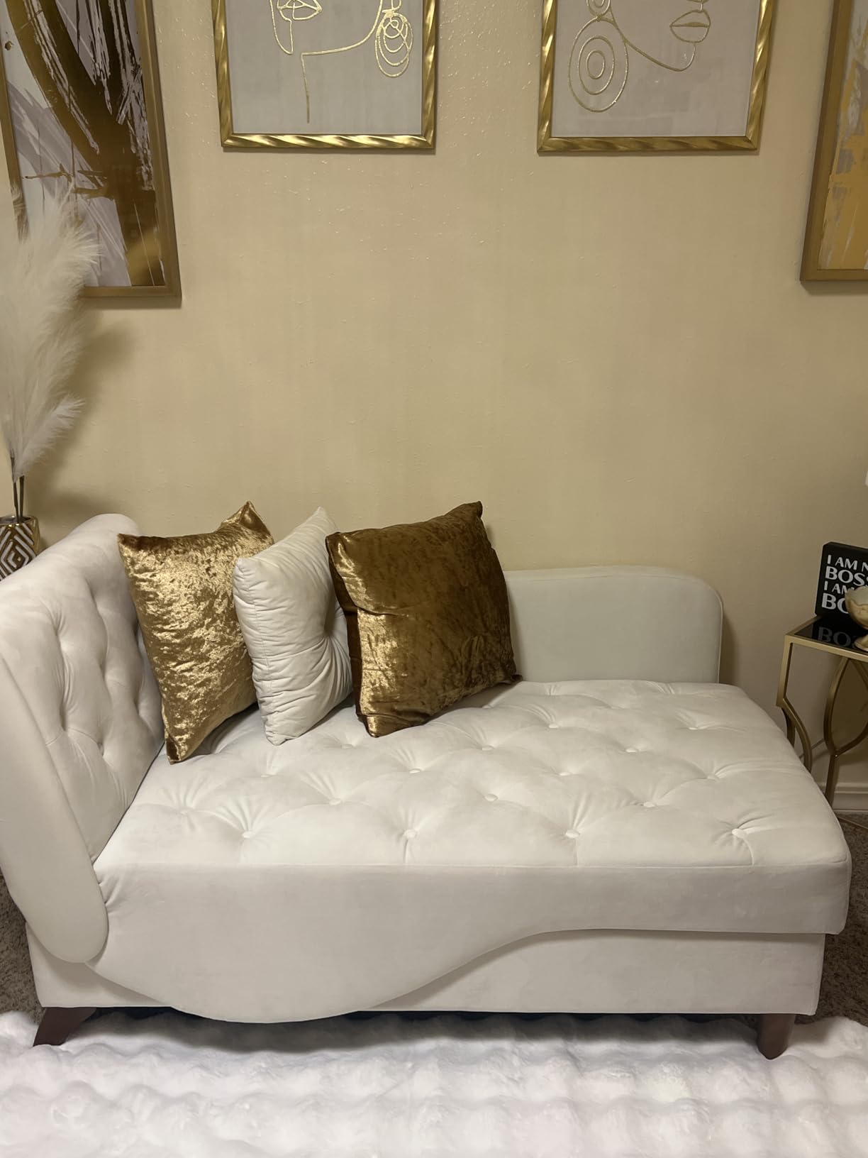 Indoor Velvet Chaise Lounge Chair with Storage for Living Room, Beige White | Reading chair chaise sleeper sofa bed with pillow, 3 in 1 velvet futon lounge chair for living room bedroom customer photo 1