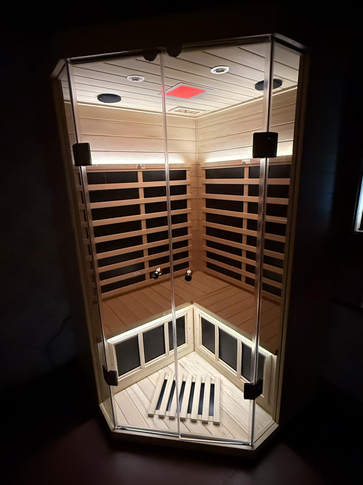 Hemlock Ceramic Infrared Sauna, 2-3 Person Indoor Saunas with 660nm & 850nm Red Light Therapy, Far & Near Infrared Corner Sauna, 1810W/120V Wooden Home Sauna Room, Bluetooth Speaker, Granite Backdrop customer photo 1