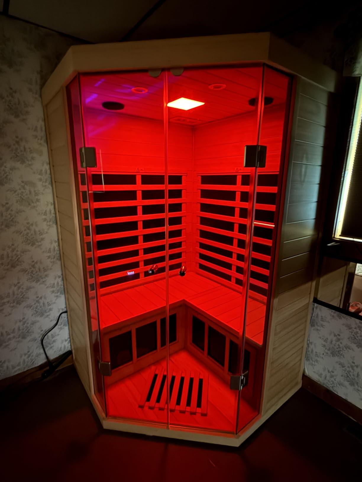 Hemlock Ceramic Infrared Sauna, 2-3 Person Indoor Saunas with 660nm & 850nm Red Light Therapy, Far & Near Infrared Corner Sauna, 1810W/120V Wooden Home Sauna Room, Bluetooth Speaker, Granite Backdrop customer photo 2