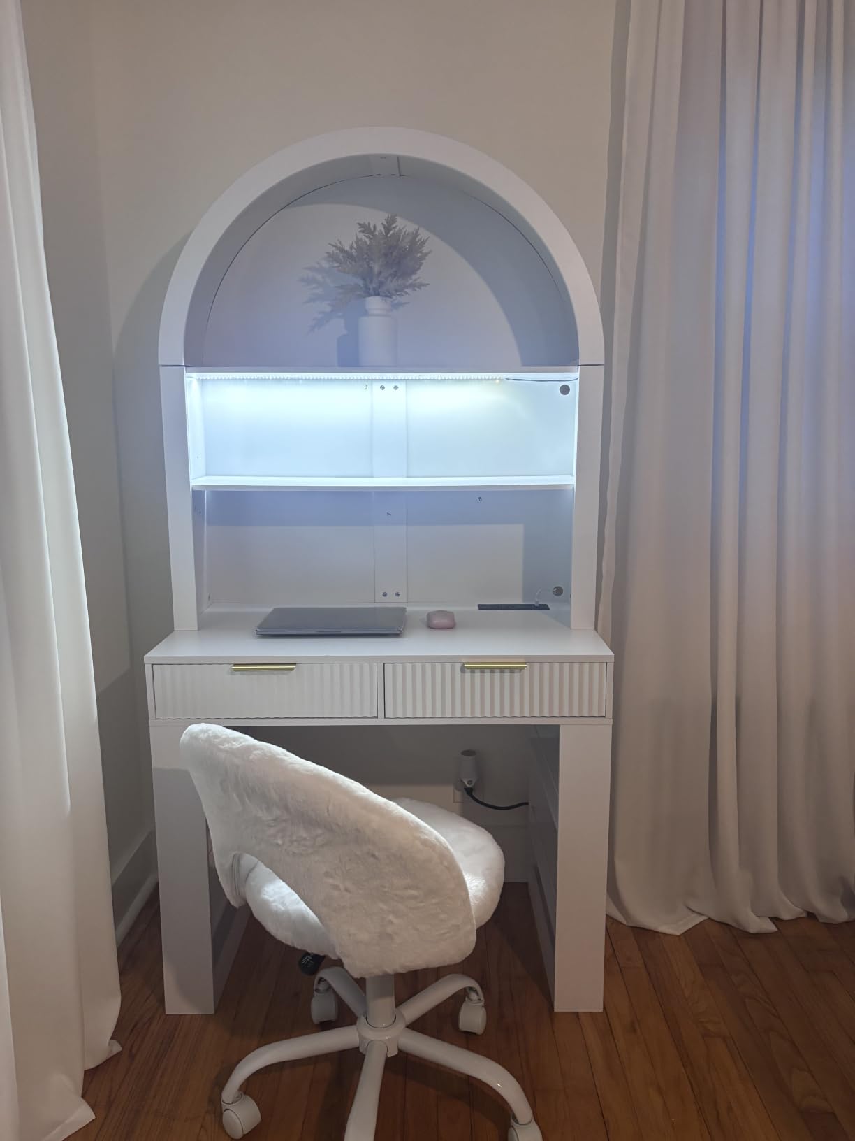 Arched Writing Desk with Hutch, 2 Drawers, Outlets, LED Lights and Open Shelves customer photo 1