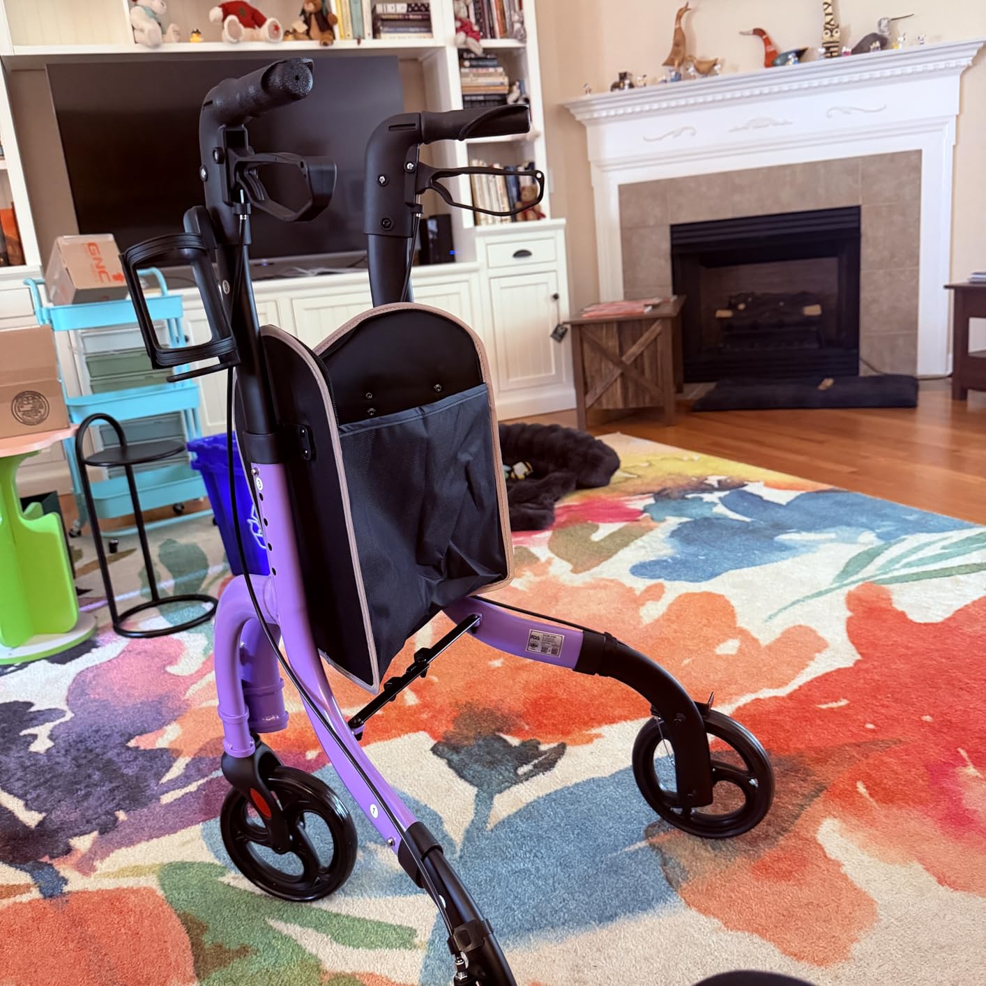 HOMLAND Foldable 3 Wheel Walkers for Seniors, Lightweight 10.4 lb | with Cane & Cup Holder, Height Adjustable, 8'' big wheel, Shiny Black customer photo 2