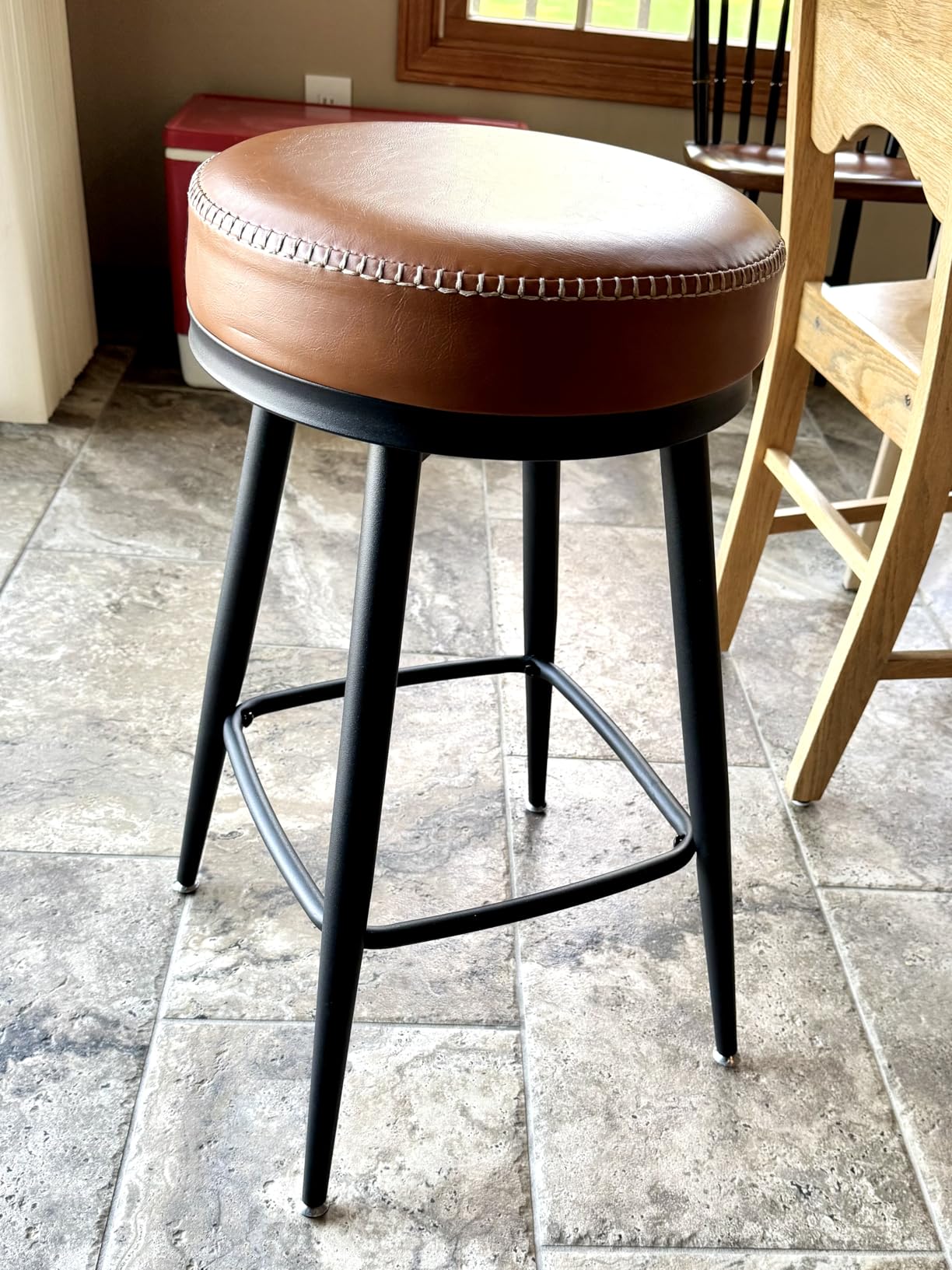 VASAGLE Wooden Bar Stools Set of 4, Upholstered Counter Height Barstools with Solid Wood Legs, Ergonomic Backrest, Mid Century Modern, for Kitchen Island, Synthetic Leather, Caramel Brown customer photo 2