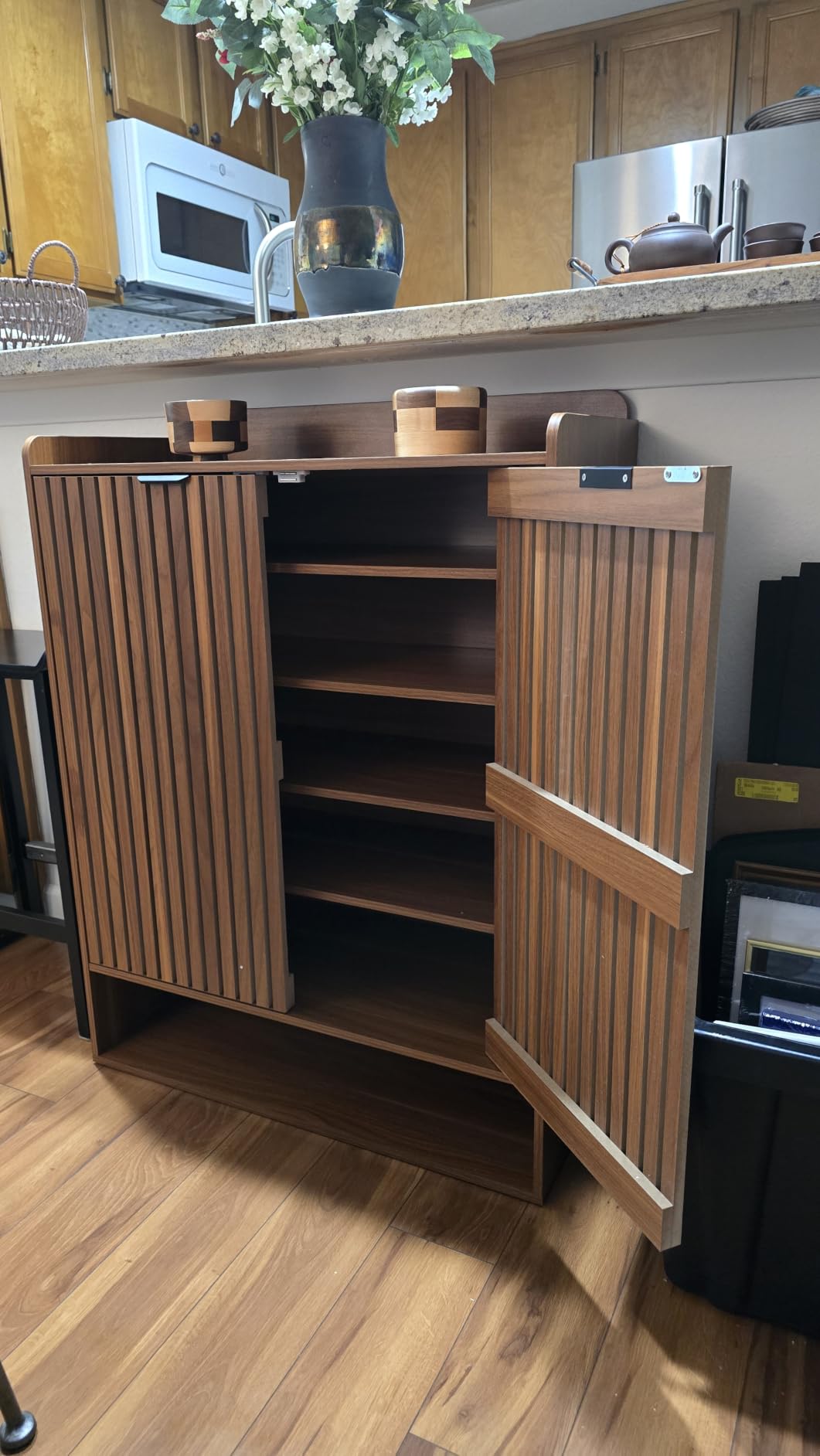 Shoe Cabinet with 2 Doors for Entryway, 21 Pairs Wooden Shoe Storage Cabinet with Adjustable Shelves, Farmhouse Hidden Shoe Organizer for Hallway & Mudroom, Slim Freestanding Shoe Cabinet, Walnut customer photo 1