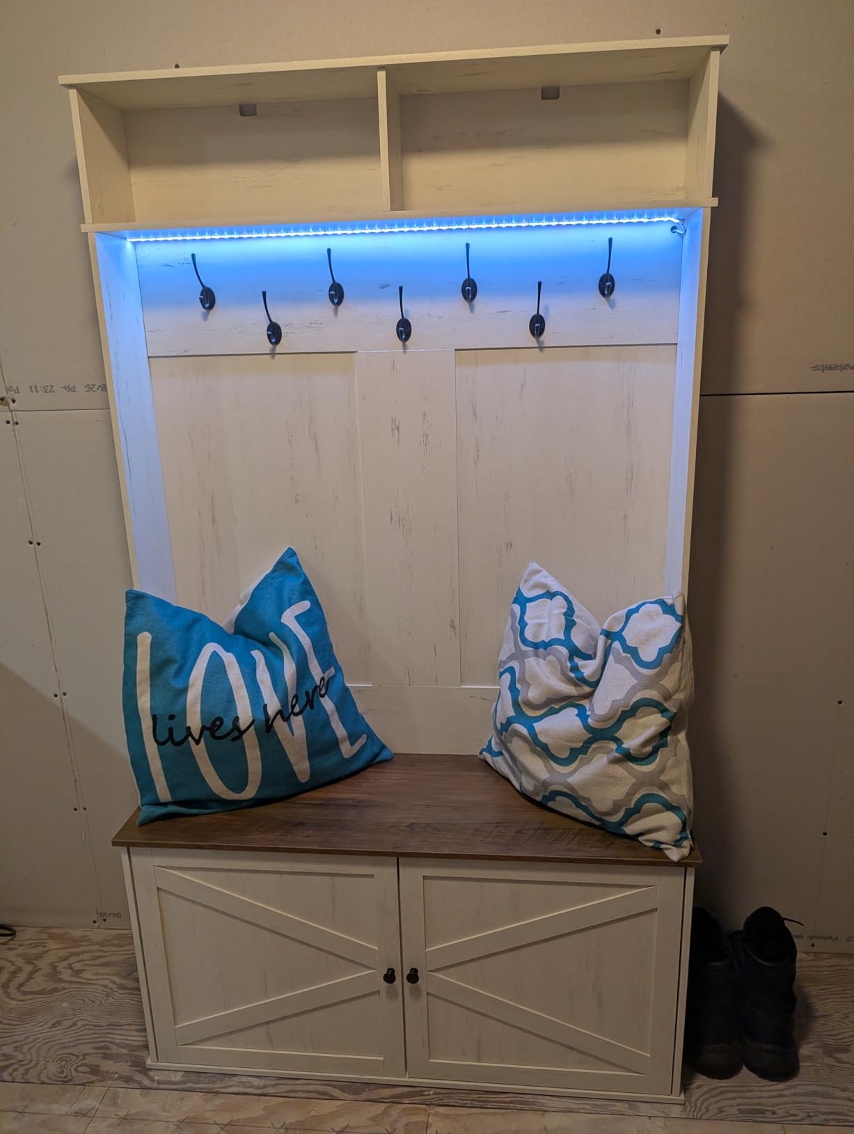 VASAGLE Hall Tree with Bench and Shoe Storage, 5-in-1 Coat Rack with Shoe Bench, Adjustable LED Light, 7 Double Hooks, Farmhouse Entryway Furniture, Rustic White UHSR653WJ03S customer photo 1