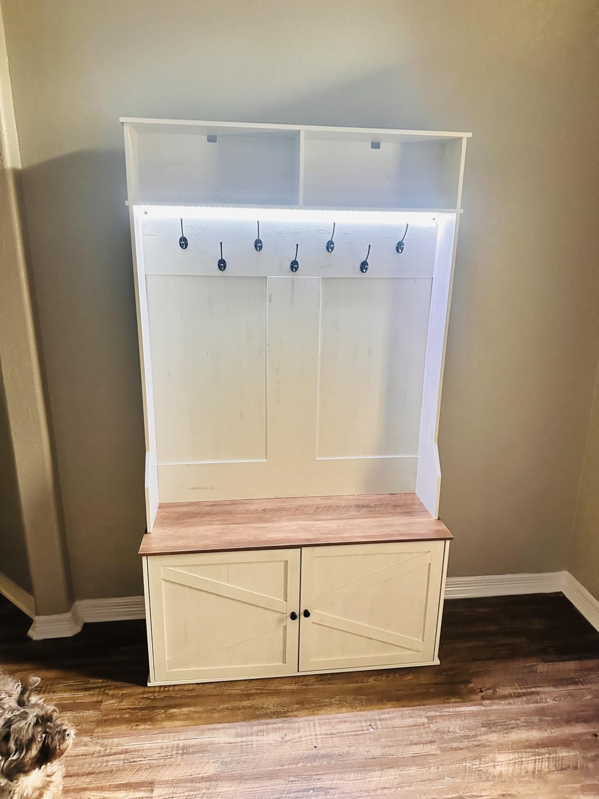 VASAGLE Hall Tree with Bench and Shoe Storage, 5-in-1 Coat Rack with Shoe Bench, Adjustable LED Light, 7 Double Hooks, Farmhouse Entryway Furniture, Rustic White UHSR653WJ03S customer photo 2
