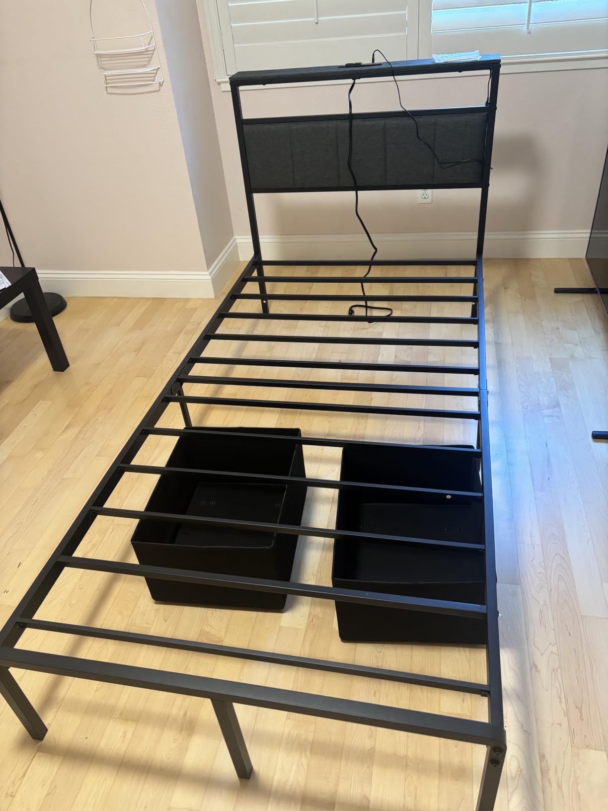 Queen Bed Frame with 2 Storage Drawers, Grey Upholstered | Headboard with Charging Station and LED Lights, Metal Platform Bed with Storage Shelf, Noise Free, No Box Spring Needed customer photo 2